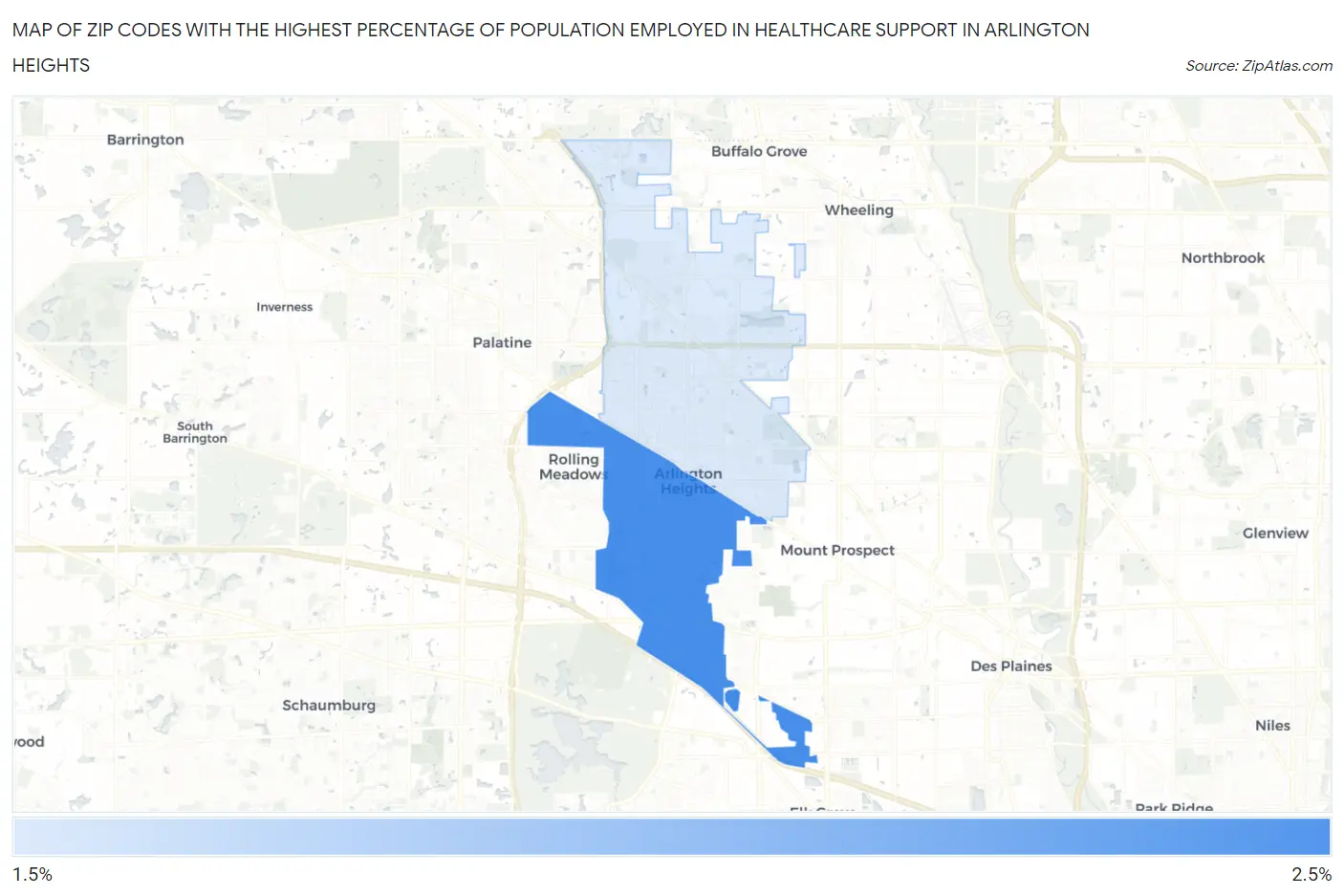 Zip Codes with the Highest Percentage of Population Employed in Healthcare Support in Arlington Heights Map