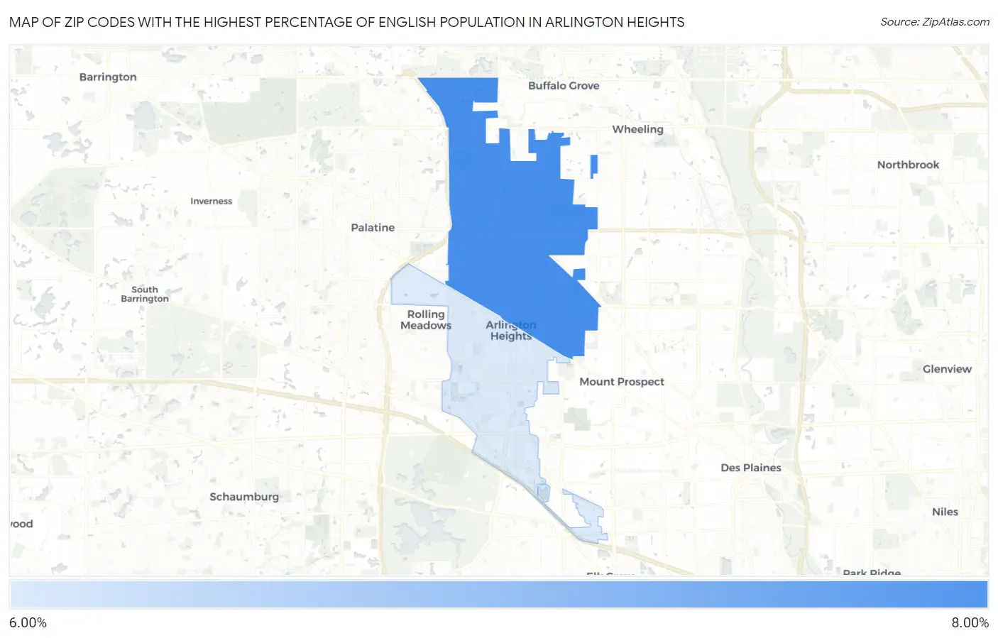 Zip Codes with the Highest Percentage of English Population in Arlington Heights Map