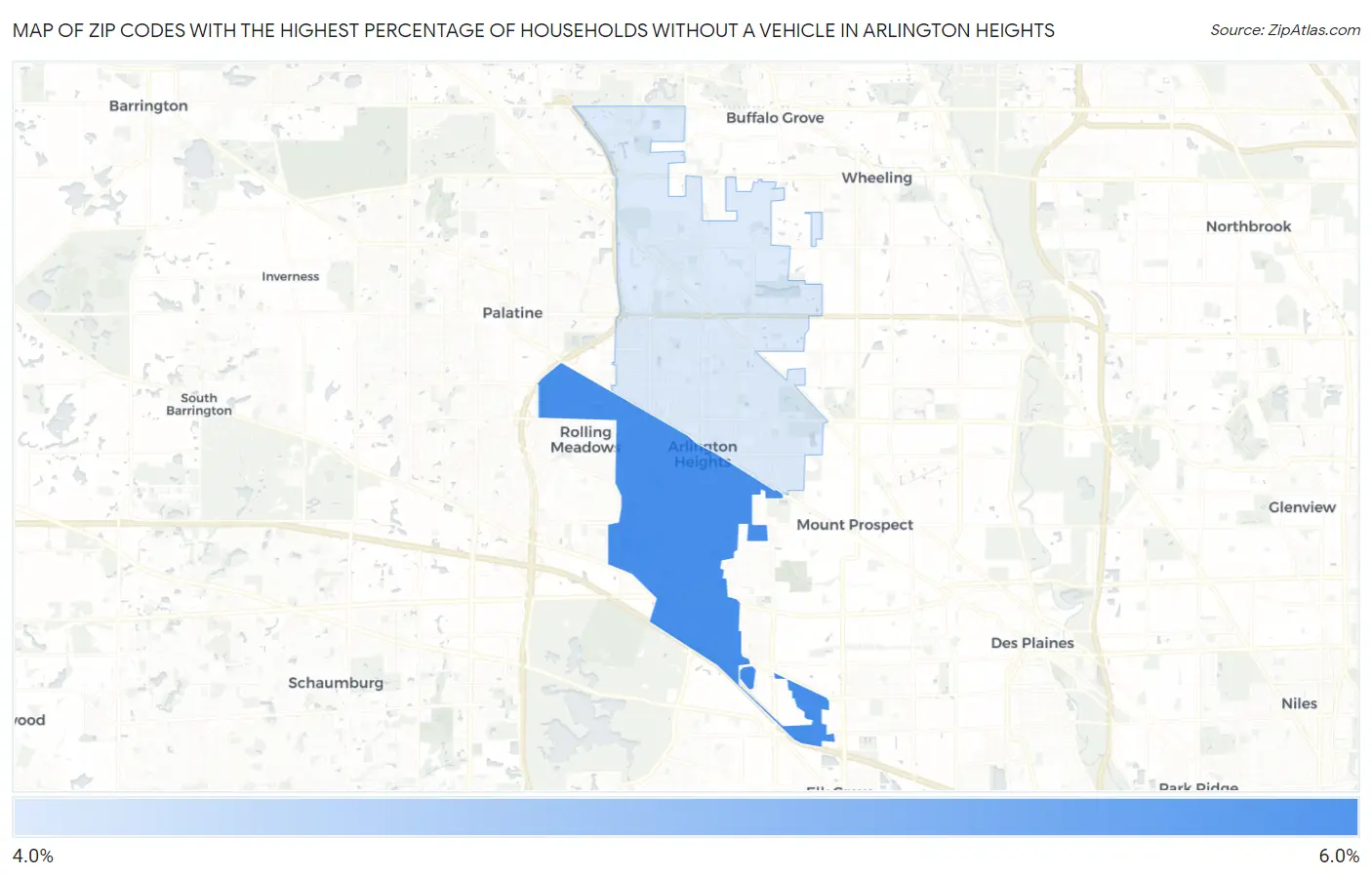 Zip Codes with the Highest Percentage of Households Without a Vehicle in Arlington Heights Map