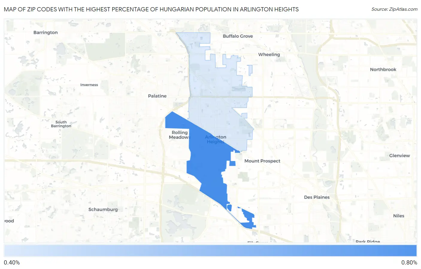 Zip Codes with the Highest Percentage of Hungarian Population in Arlington Heights Map