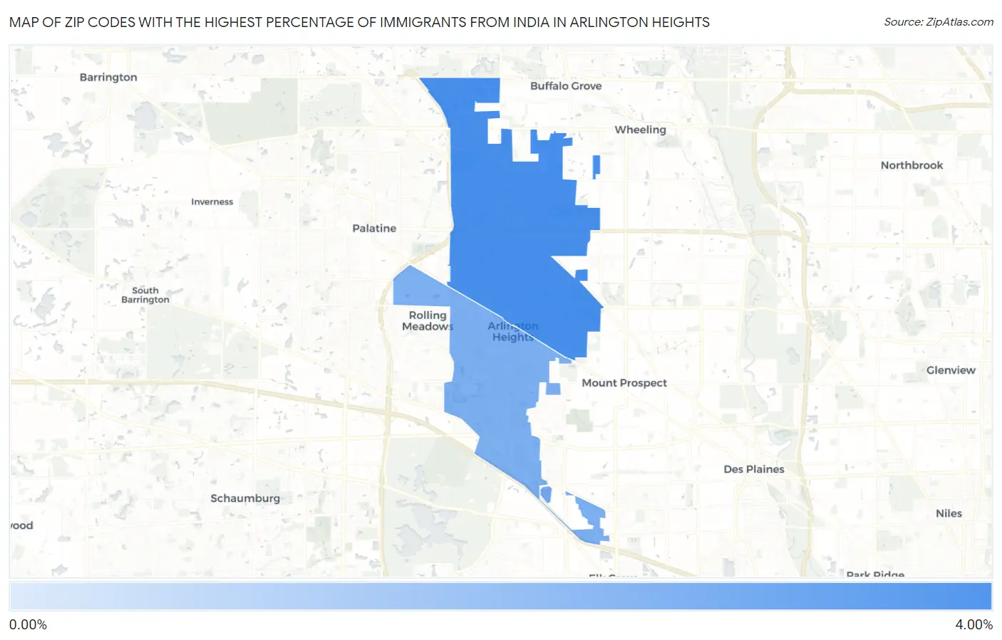 Zip Codes with the Highest Percentage of Immigrants from India in Arlington Heights Map