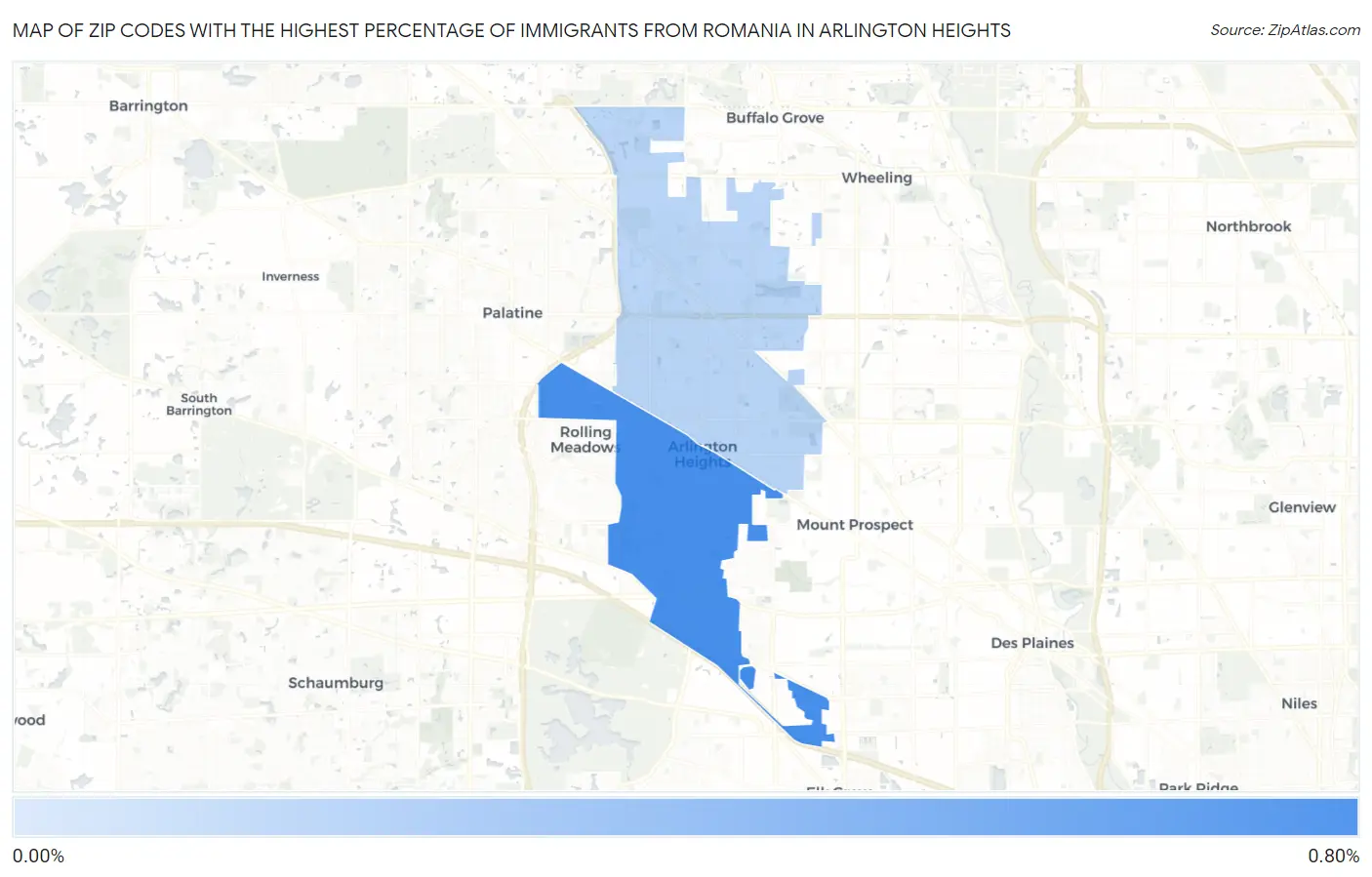 Zip Codes with the Highest Percentage of Immigrants from Romania in Arlington Heights Map