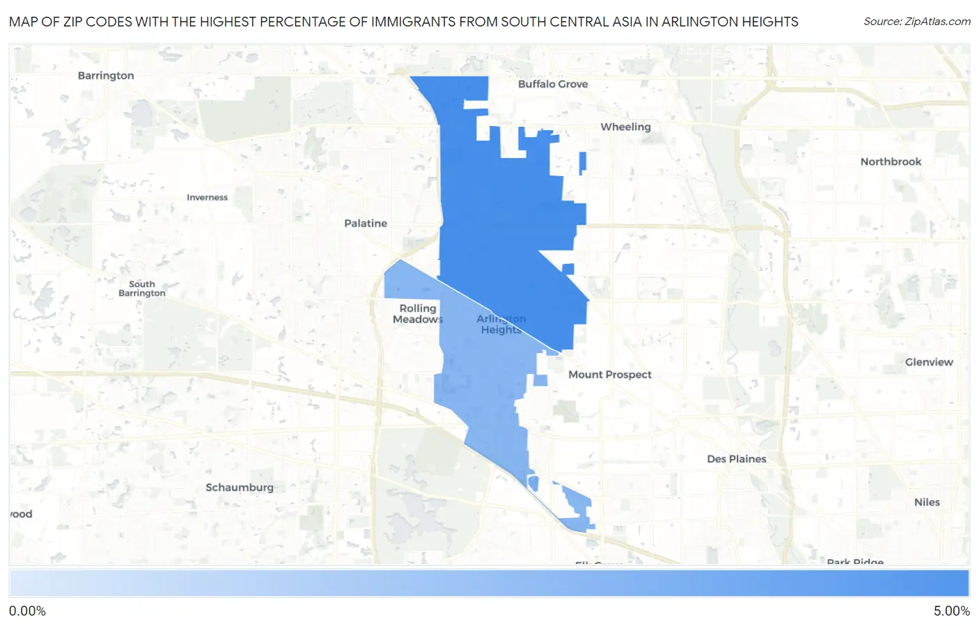 Zip Codes with the Highest Percentage of Immigrants from South Central Asia in Arlington Heights Map