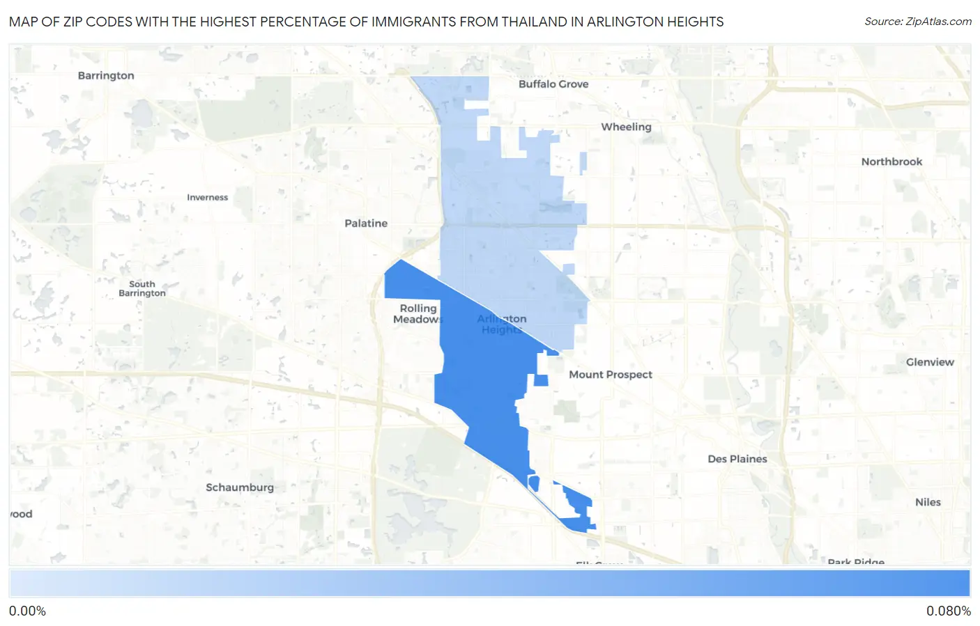 Zip Codes with the Highest Percentage of Immigrants from Thailand in Arlington Heights Map