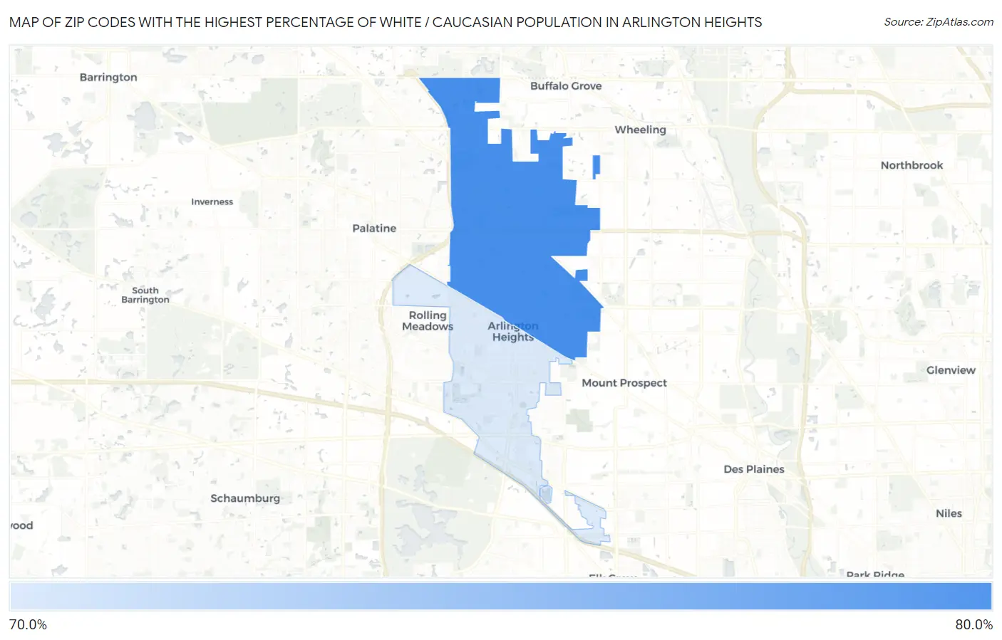 Zip Codes with the Highest Percentage of White / Caucasian Population in Arlington Heights Map