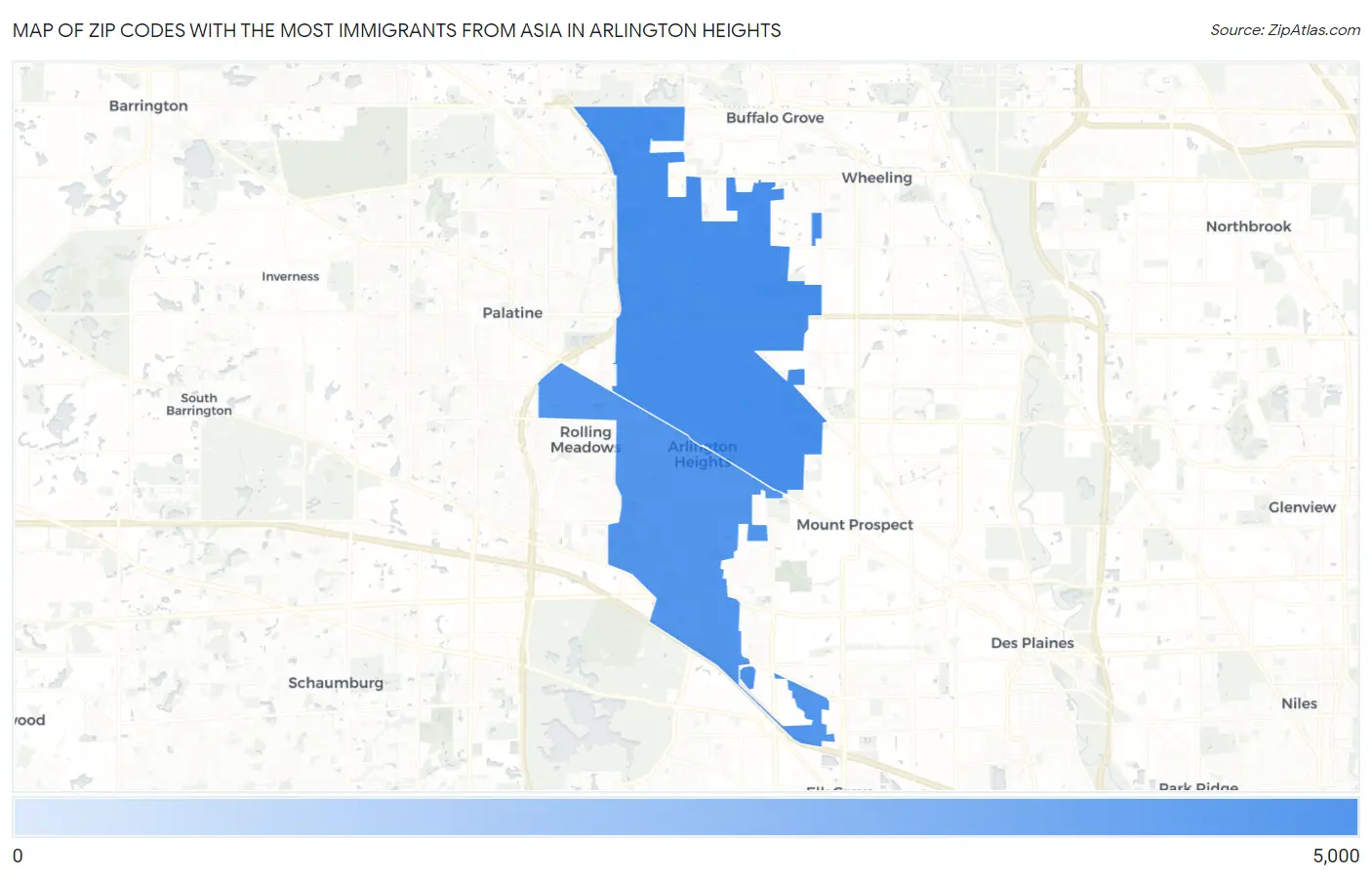 Zip Codes with the Most Immigrants from Asia in Arlington Heights Map