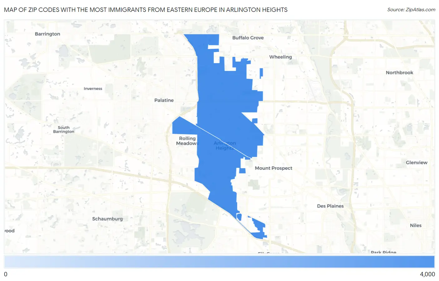 Zip Codes with the Most Immigrants from Eastern Europe in Arlington Heights Map