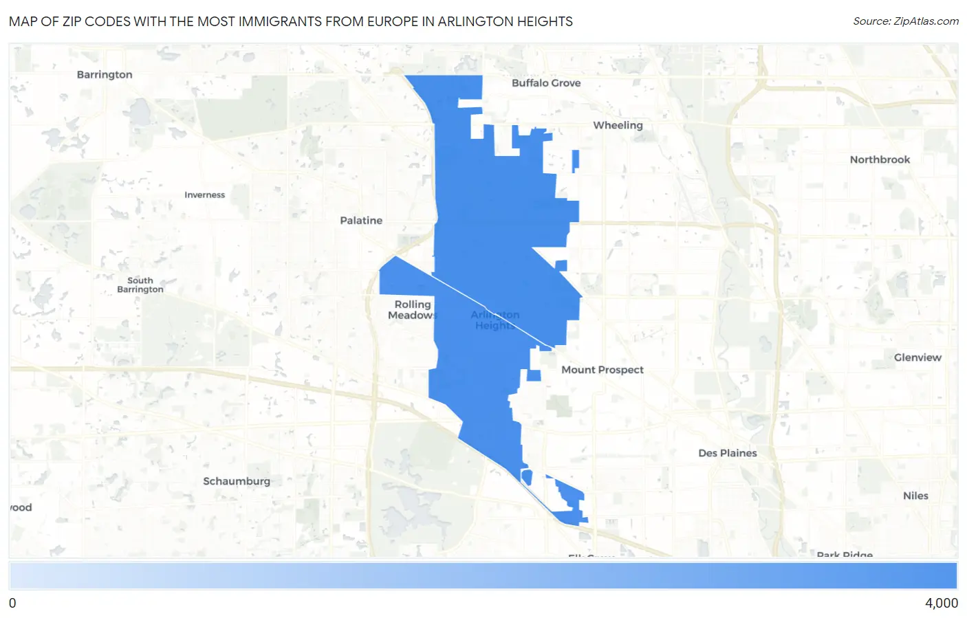 Zip Codes with the Most Immigrants from Europe in Arlington Heights Map