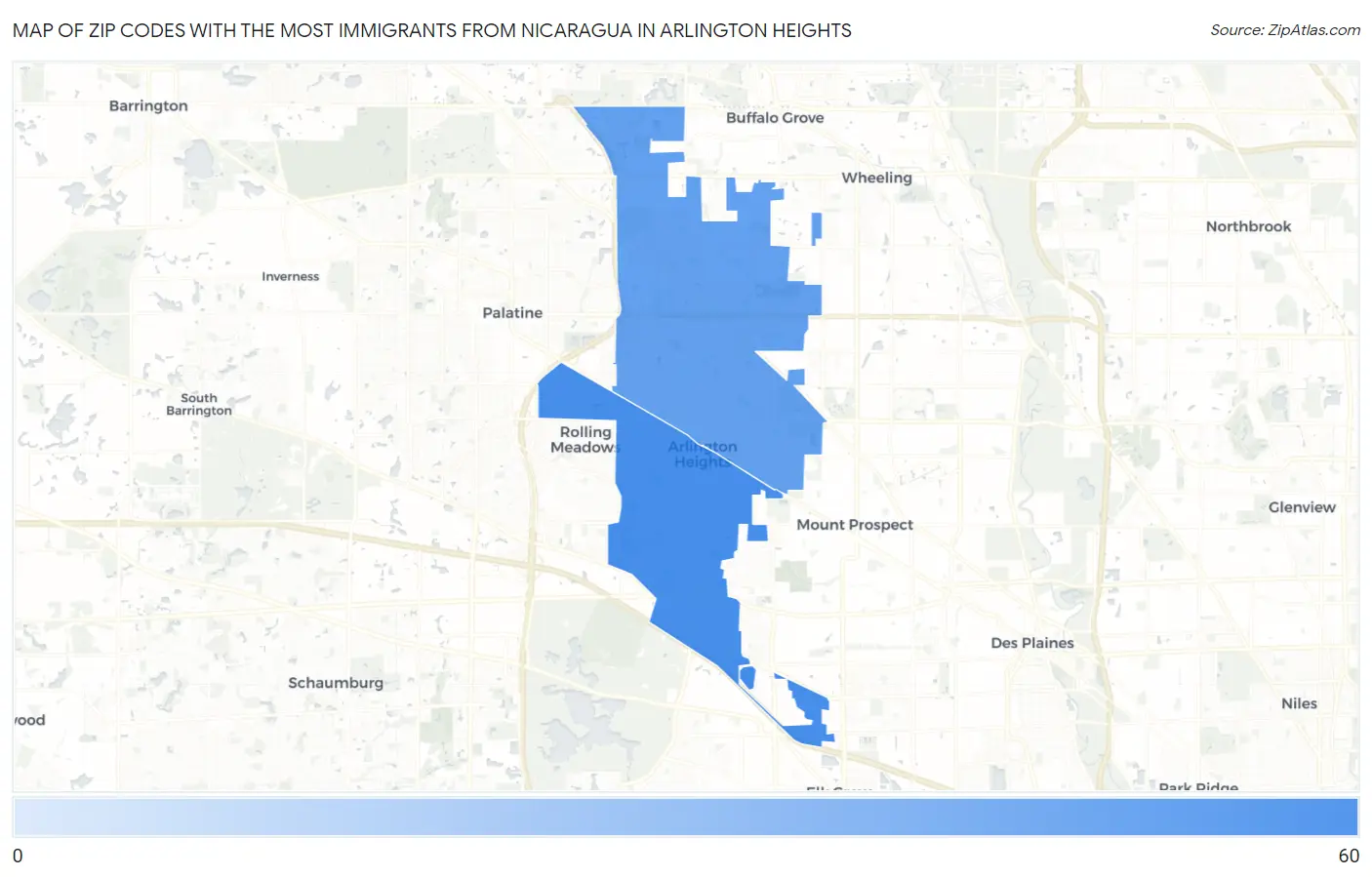 Zip Codes with the Most Immigrants from Nicaragua in Arlington Heights Map