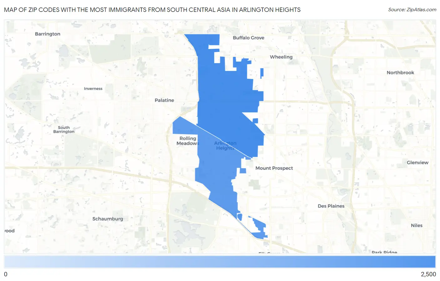 Zip Codes with the Most Immigrants from South Central Asia in Arlington Heights Map