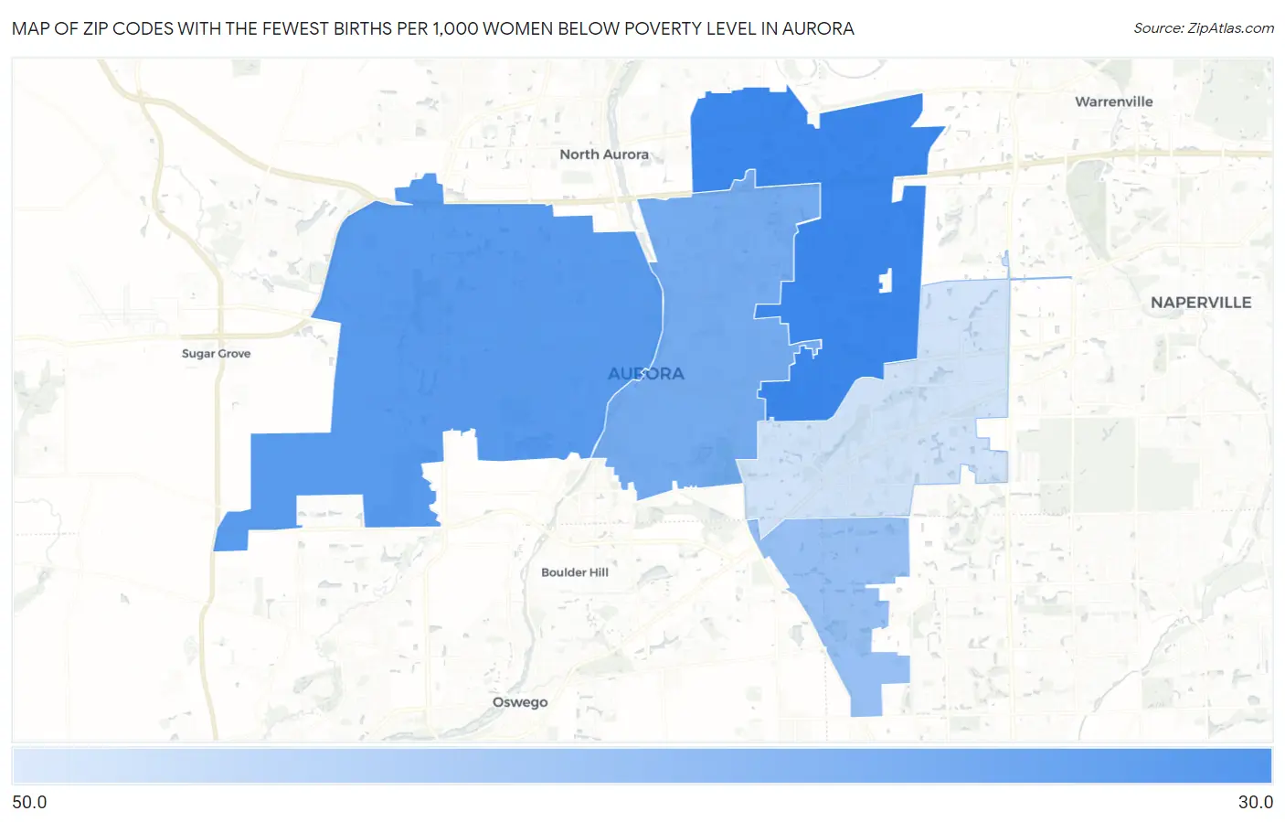 Zip Codes with the Fewest Births per 1,000 Women Below Poverty Level in Aurora Map