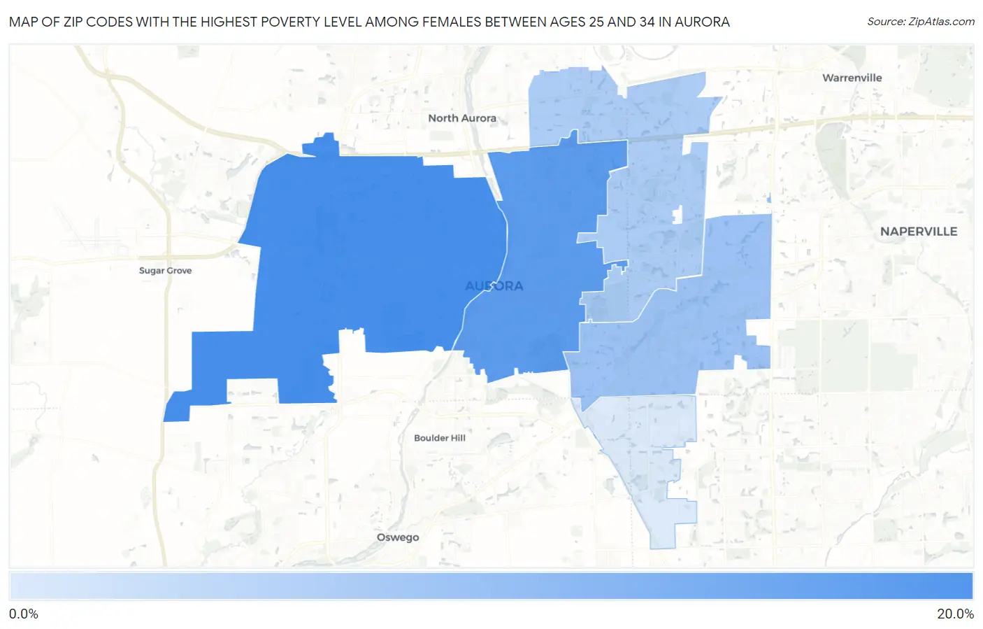 Zip Codes with the Highest Poverty Level Among Females Between Ages 25 and 34 in Aurora Map