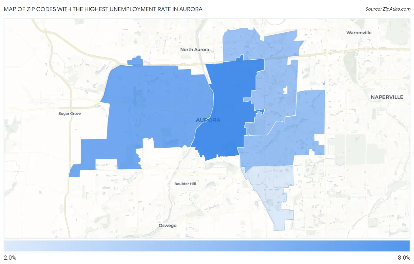 Zip Codes with the Highest Unemployment Rate in Aurora Map