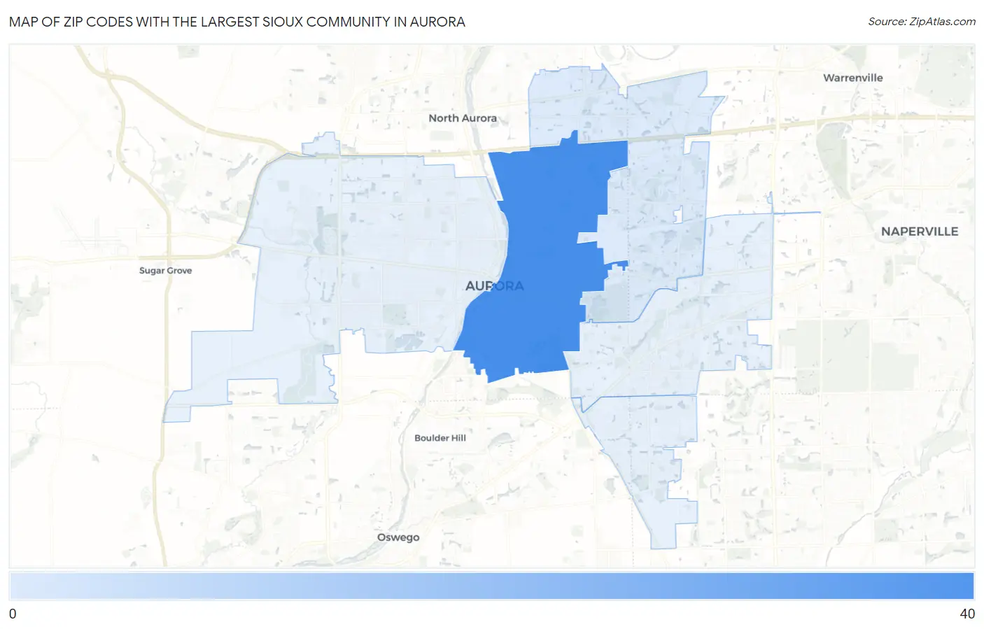 Zip Codes with the Largest Sioux Community in Aurora Map
