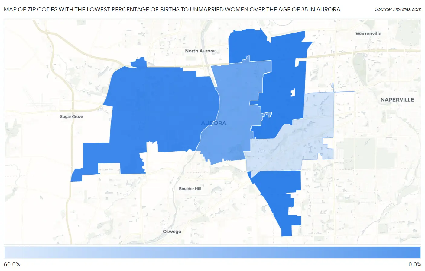 Zip Codes with the Lowest Percentage of Births to Unmarried Women over the Age of 35 in Aurora Map