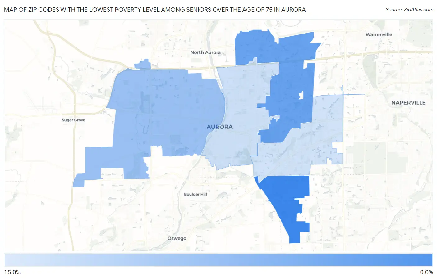 Zip Codes with the Lowest Poverty Level Among Seniors Over the Age of 75 in Aurora Map