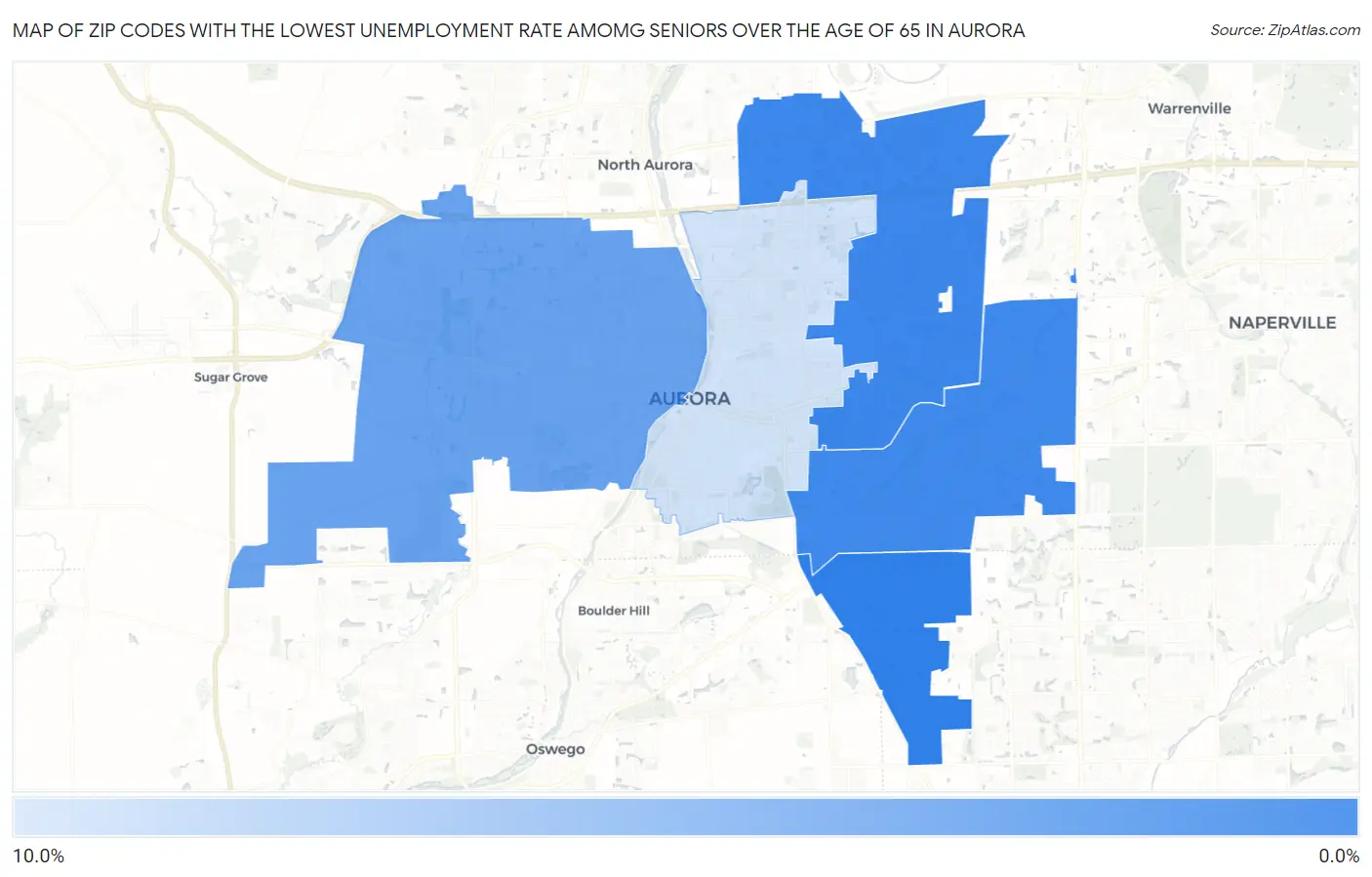 Zip Codes with the Lowest Unemployment Rate Amomg Seniors Over the Age of 65 in Aurora Map
