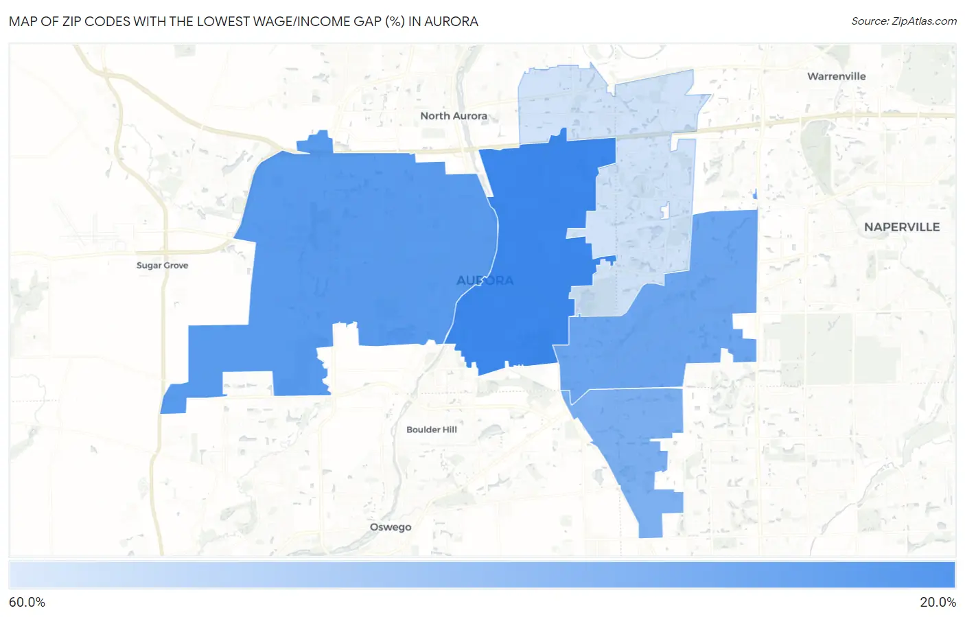 Zip Codes with the Lowest Wage/Income Gap (%) in Aurora Map