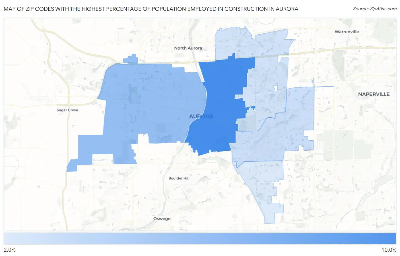 Zip Codes with the Highest Percentage of Population Employed in Construction in Aurora Map