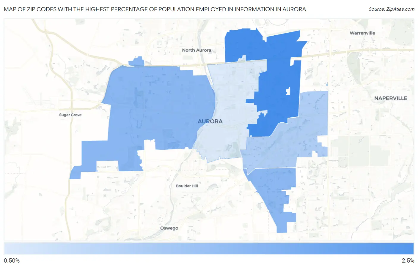 Zip Codes with the Highest Percentage of Population Employed in Information in Aurora Map