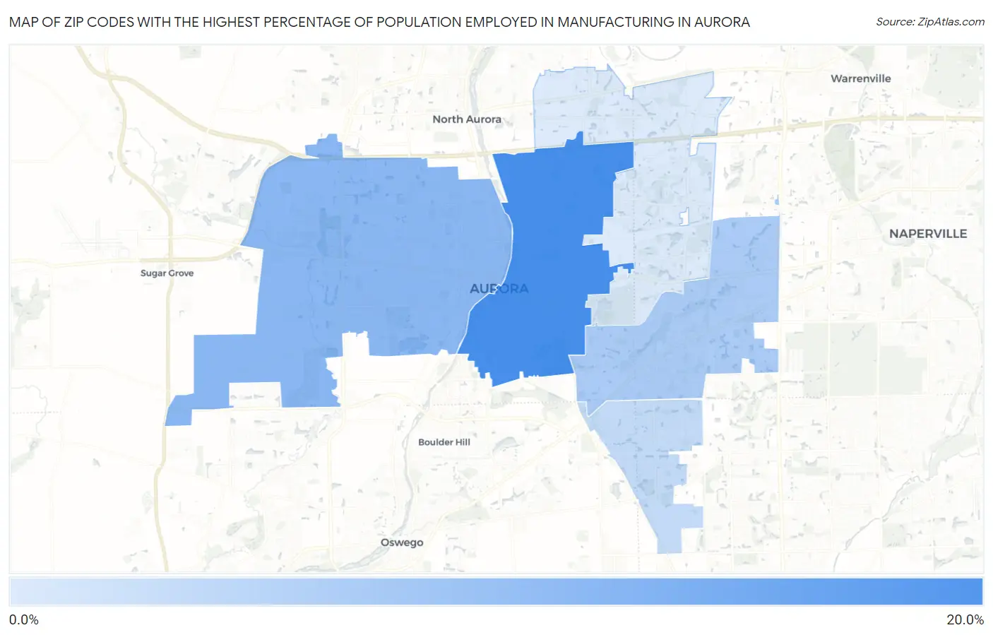 Zip Codes with the Highest Percentage of Population Employed in Manufacturing in Aurora Map