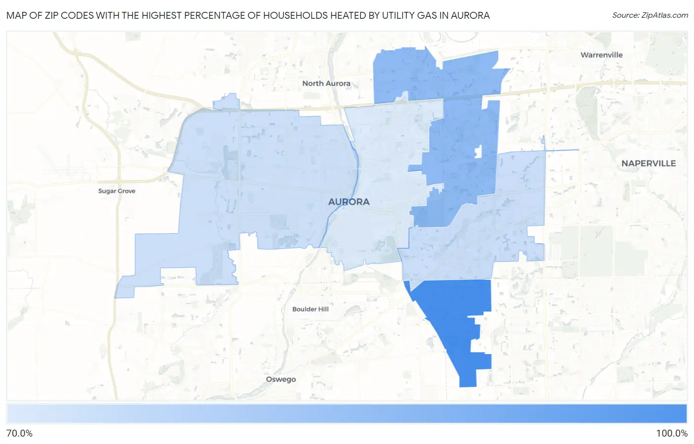 Zip Codes with the Highest Percentage of Households Heated by Utility Gas in Aurora Map