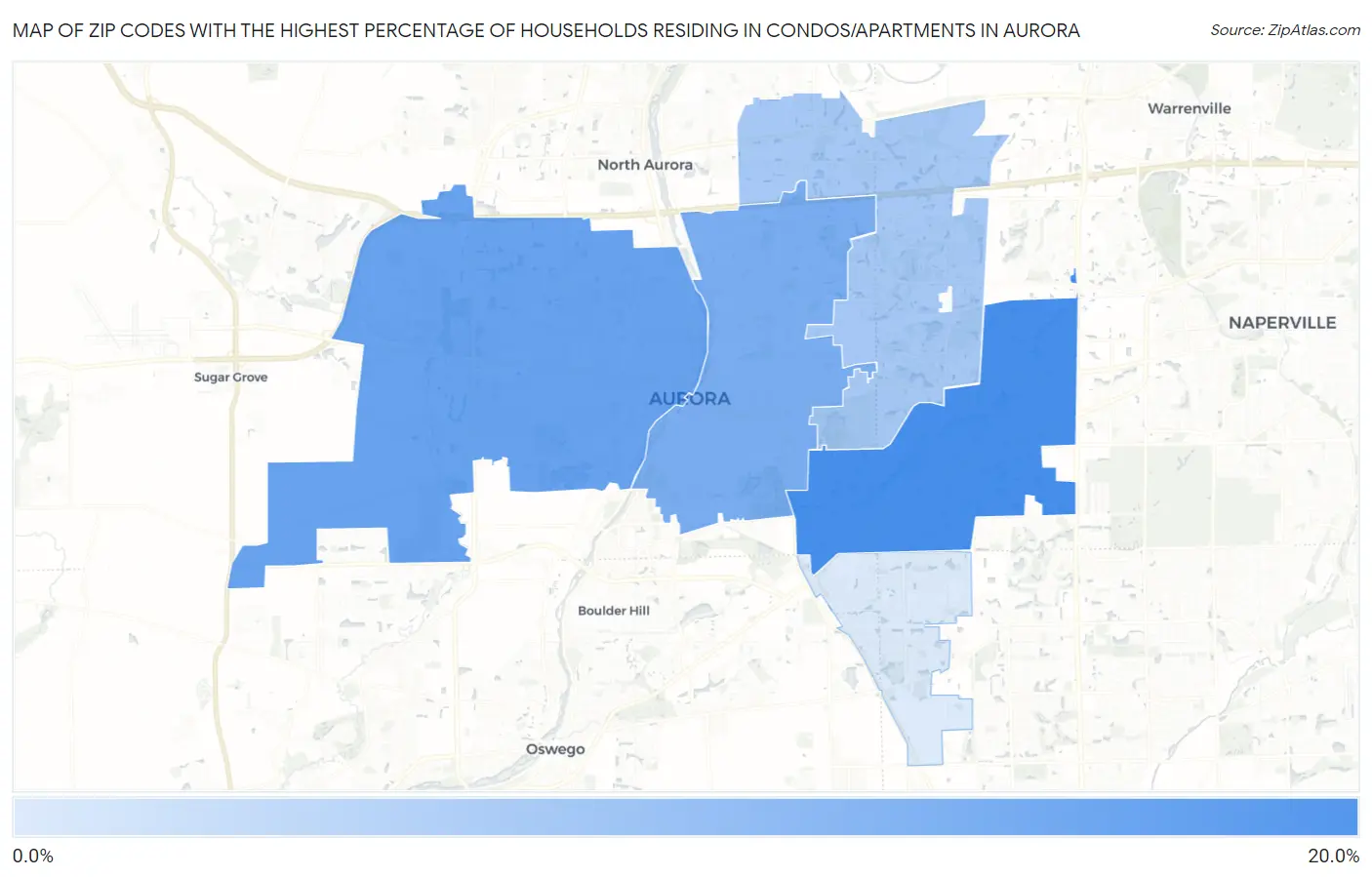 Zip Codes with the Highest Percentage of Households Residing in Condos/Apartments in Aurora Map