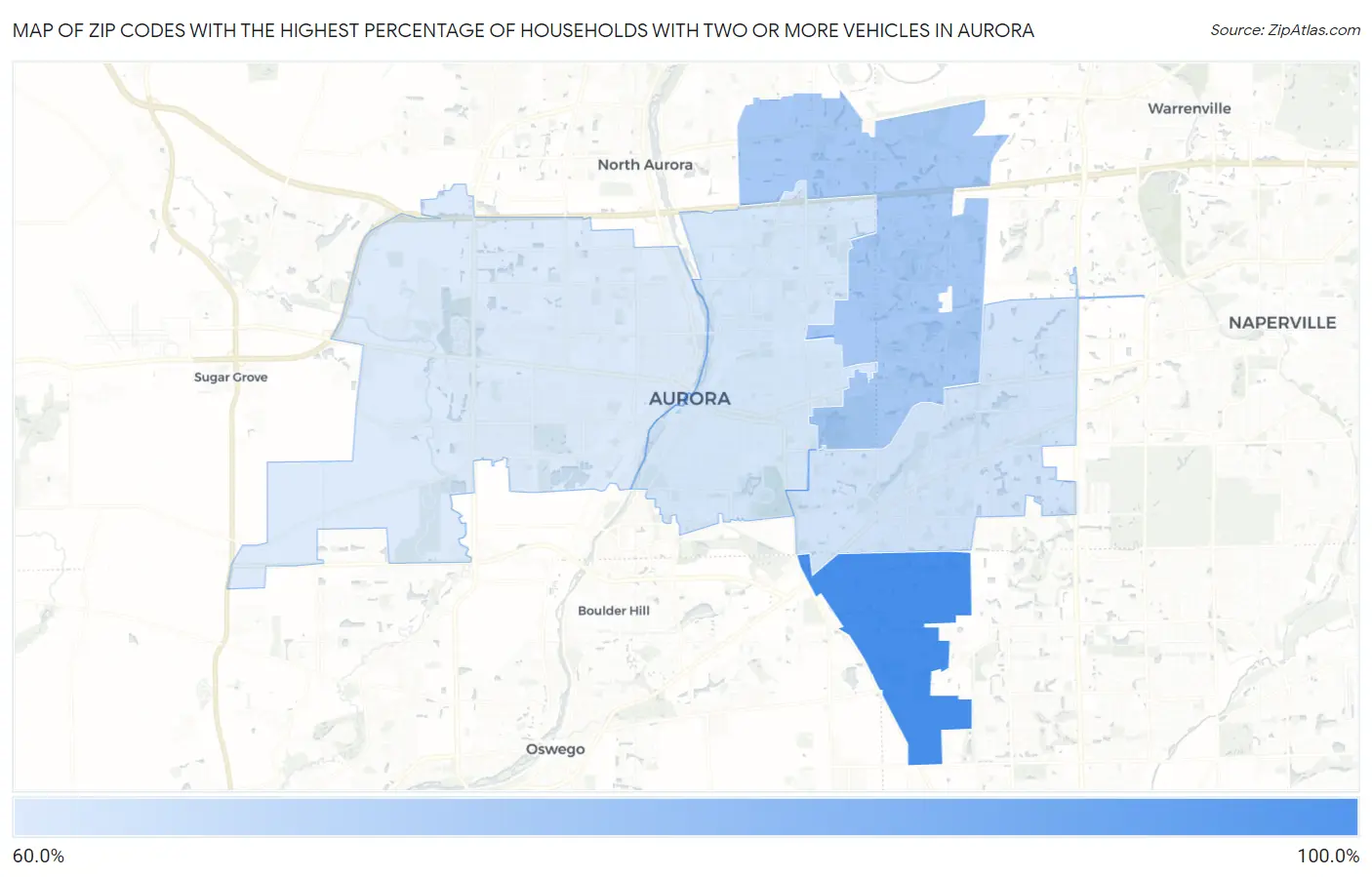Zip Codes with the Highest Percentage of Households With Two or more Vehicles in Aurora Map