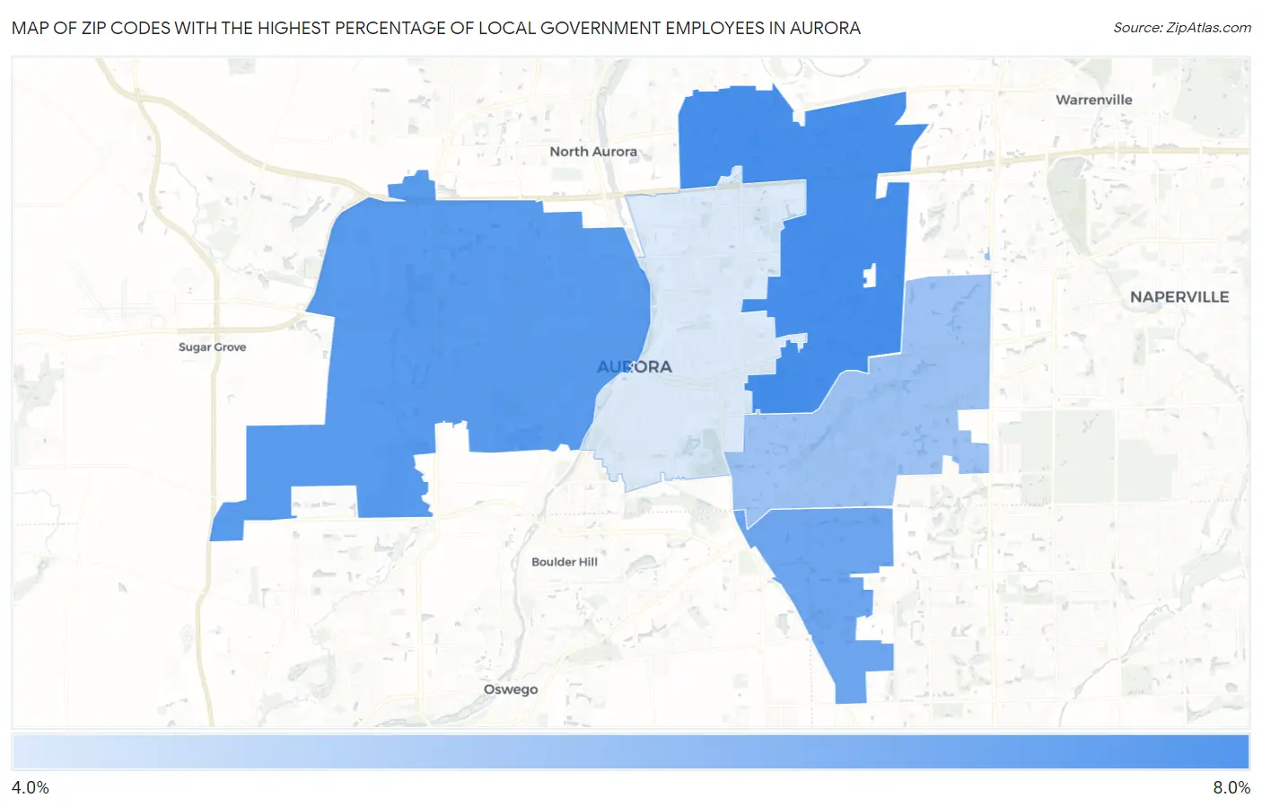 Zip Codes with the Highest Percentage of Local Government Employees in Aurora Map