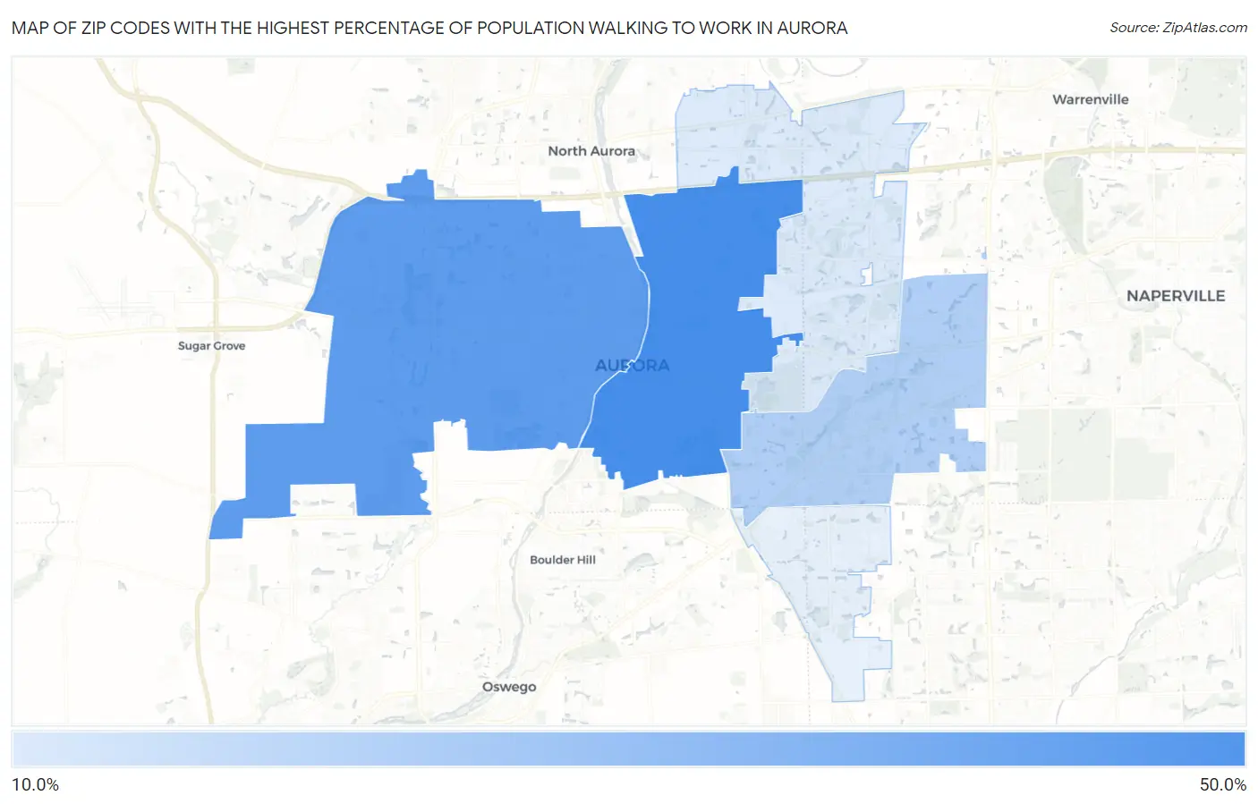 Zip Codes with the Highest Percentage of Population Walking to Work in Aurora Map