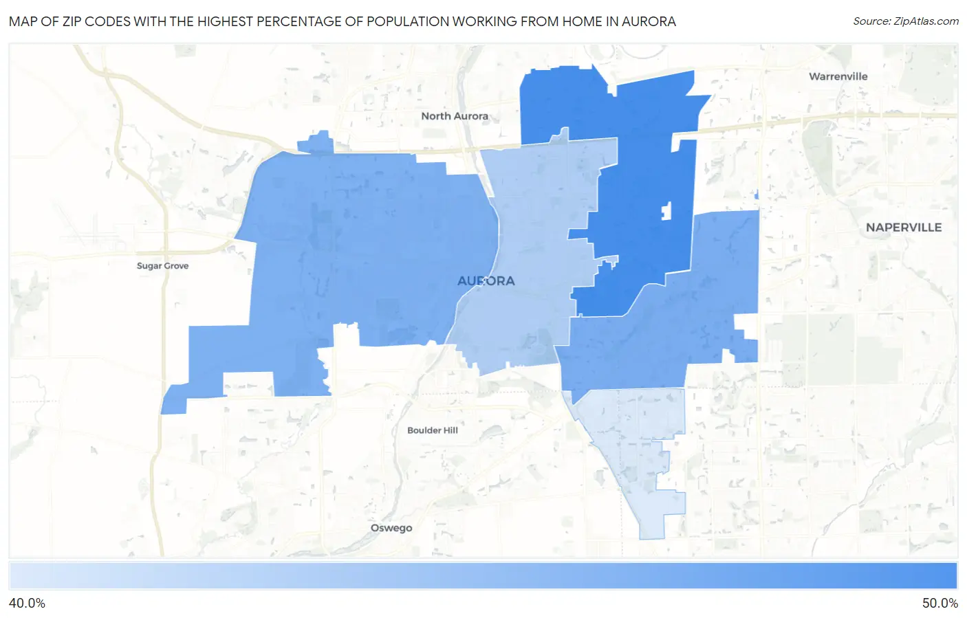 Zip Codes with the Highest Percentage of Population Working from Home in Aurora Map