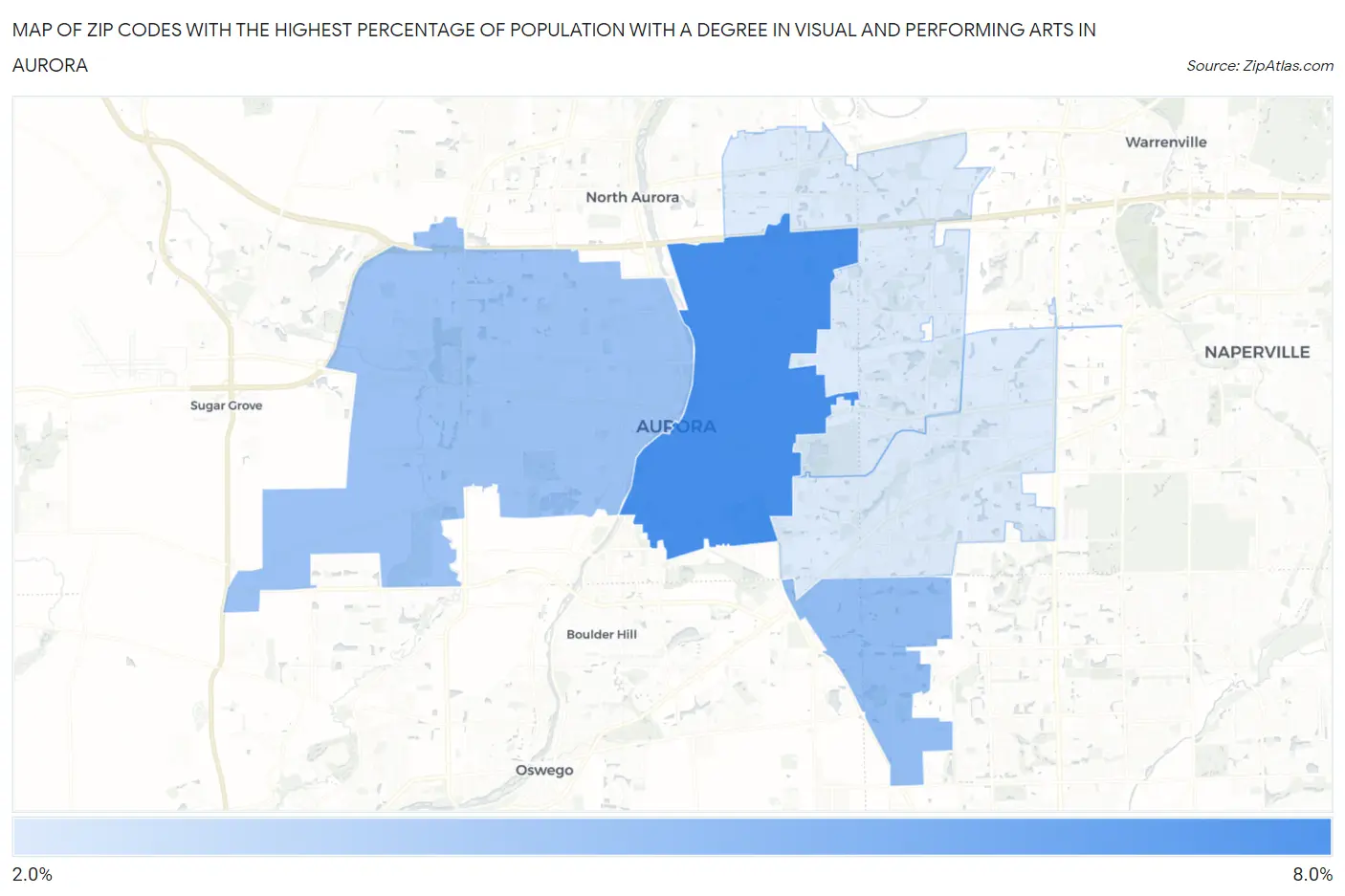 Zip Codes with the Highest Percentage of Population with a Degree in Visual and Performing Arts in Aurora Map