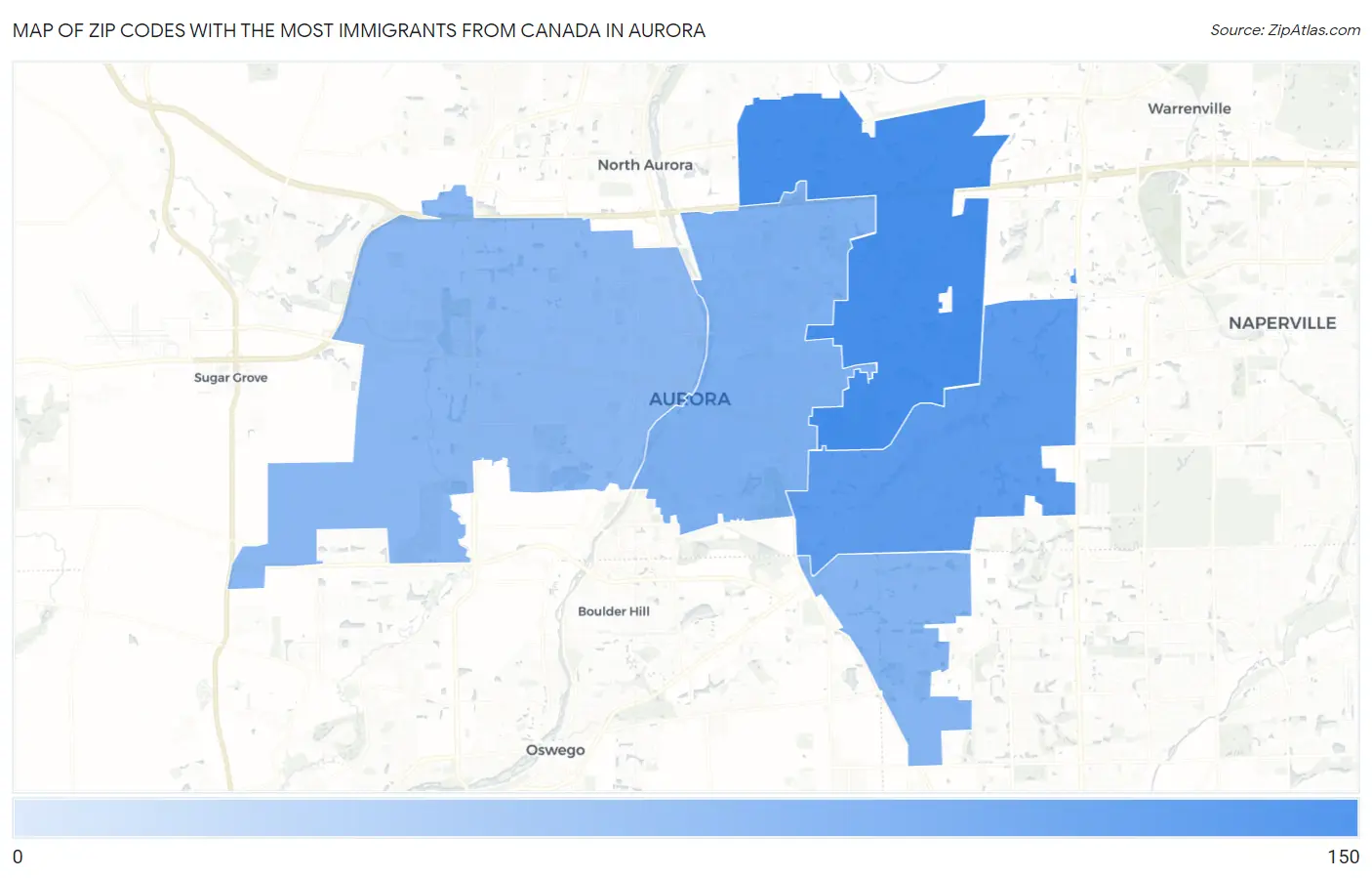 Zip Codes with the Most Immigrants from Canada in Aurora Map