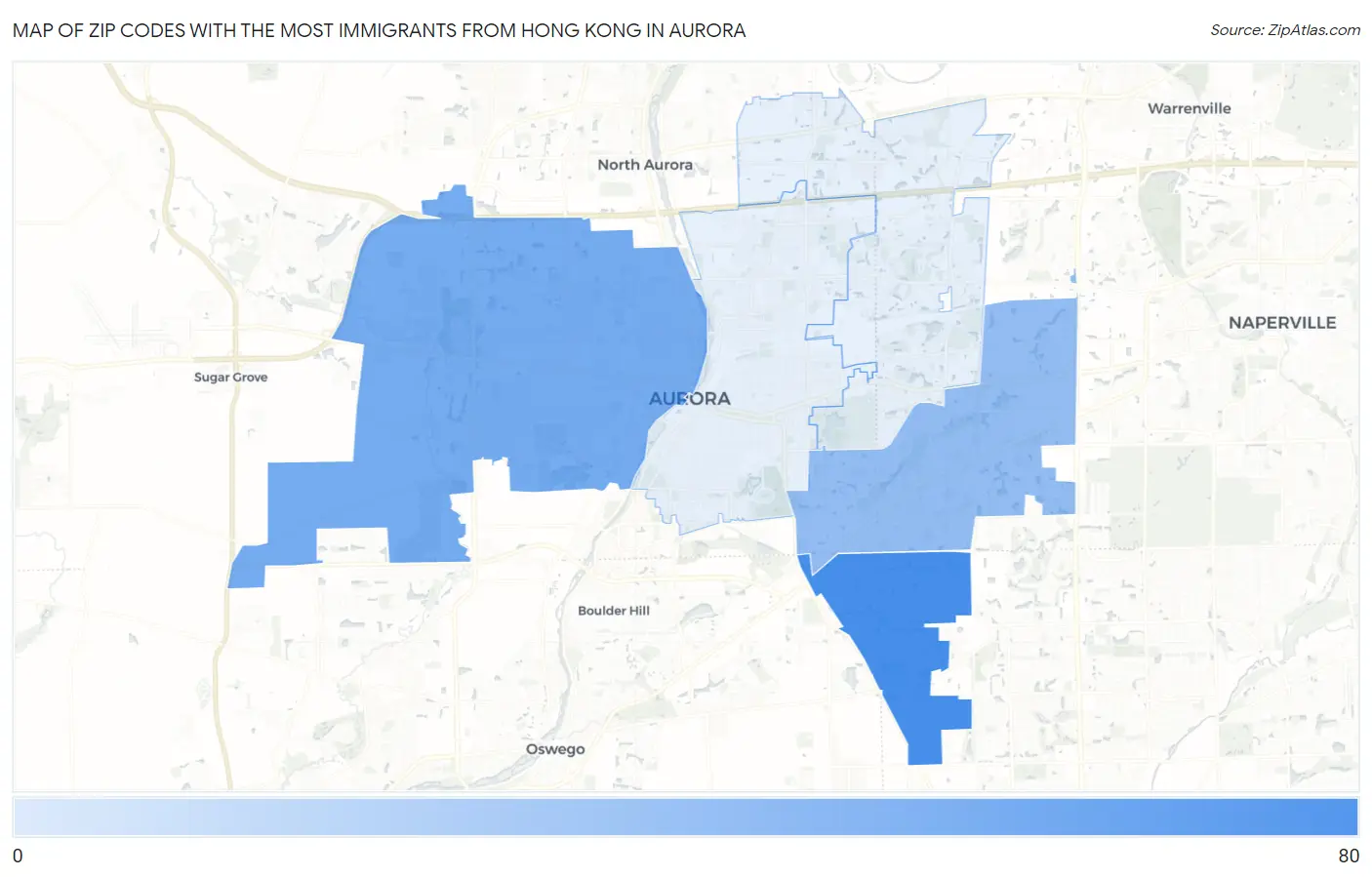 Zip Codes with the Most Immigrants from Hong Kong in Aurora Map