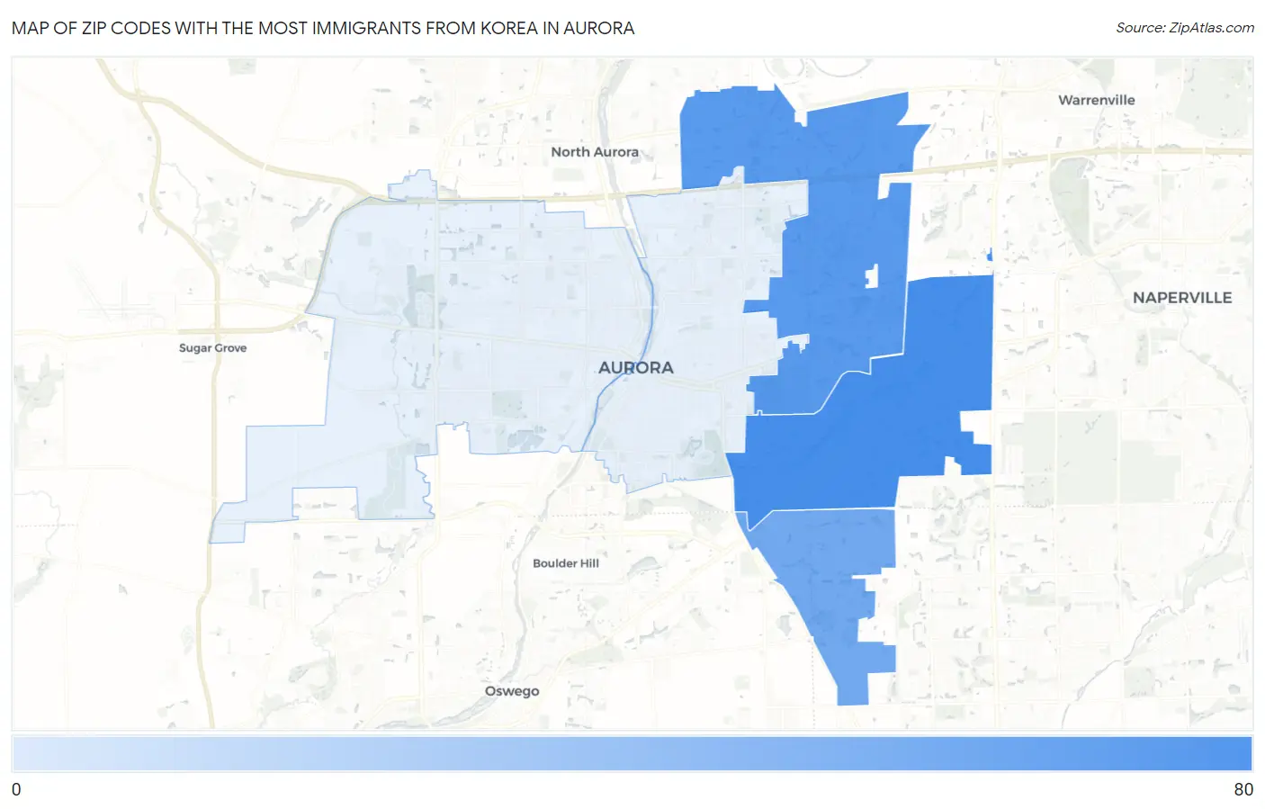 Zip Codes with the Most Immigrants from Korea in Aurora Map
