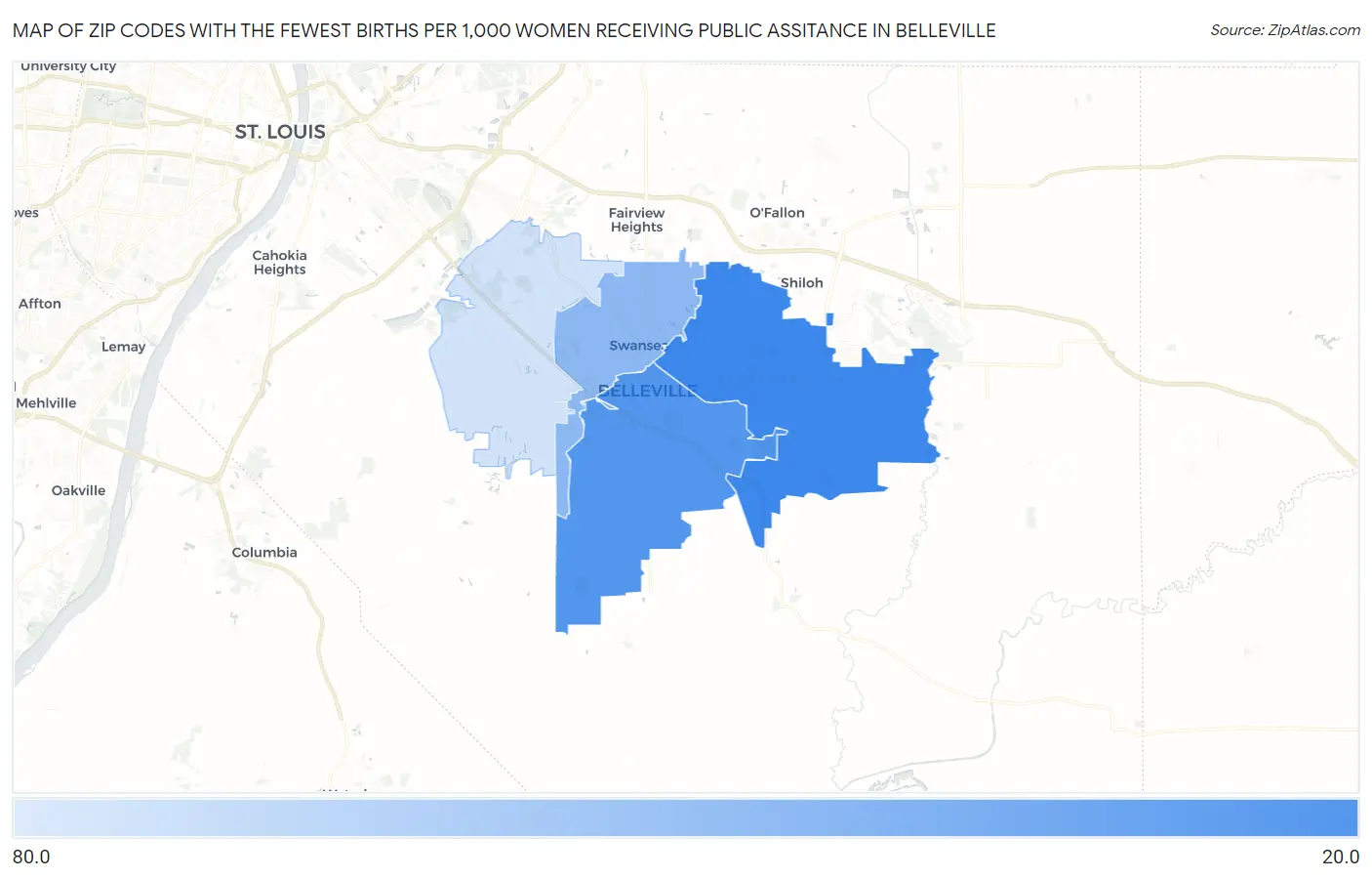 Zip Codes with the Fewest Births per 1,000 Women Receiving Public Assitance in Belleville Map