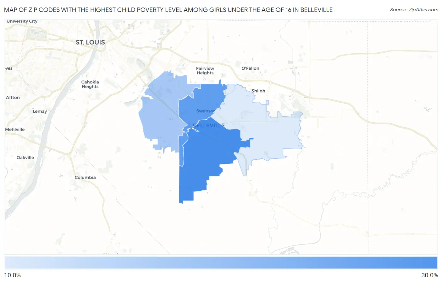 Zip Codes with the Highest Child Poverty Level Among Girls Under the Age of 16 in Belleville Map