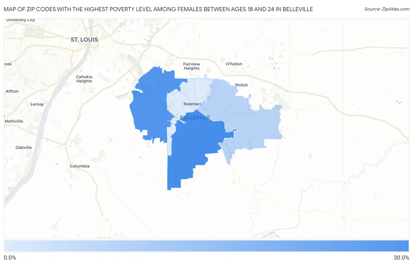 Zip Codes with the Highest Poverty Level Among Females Between Ages 18 and 24 in Belleville Map