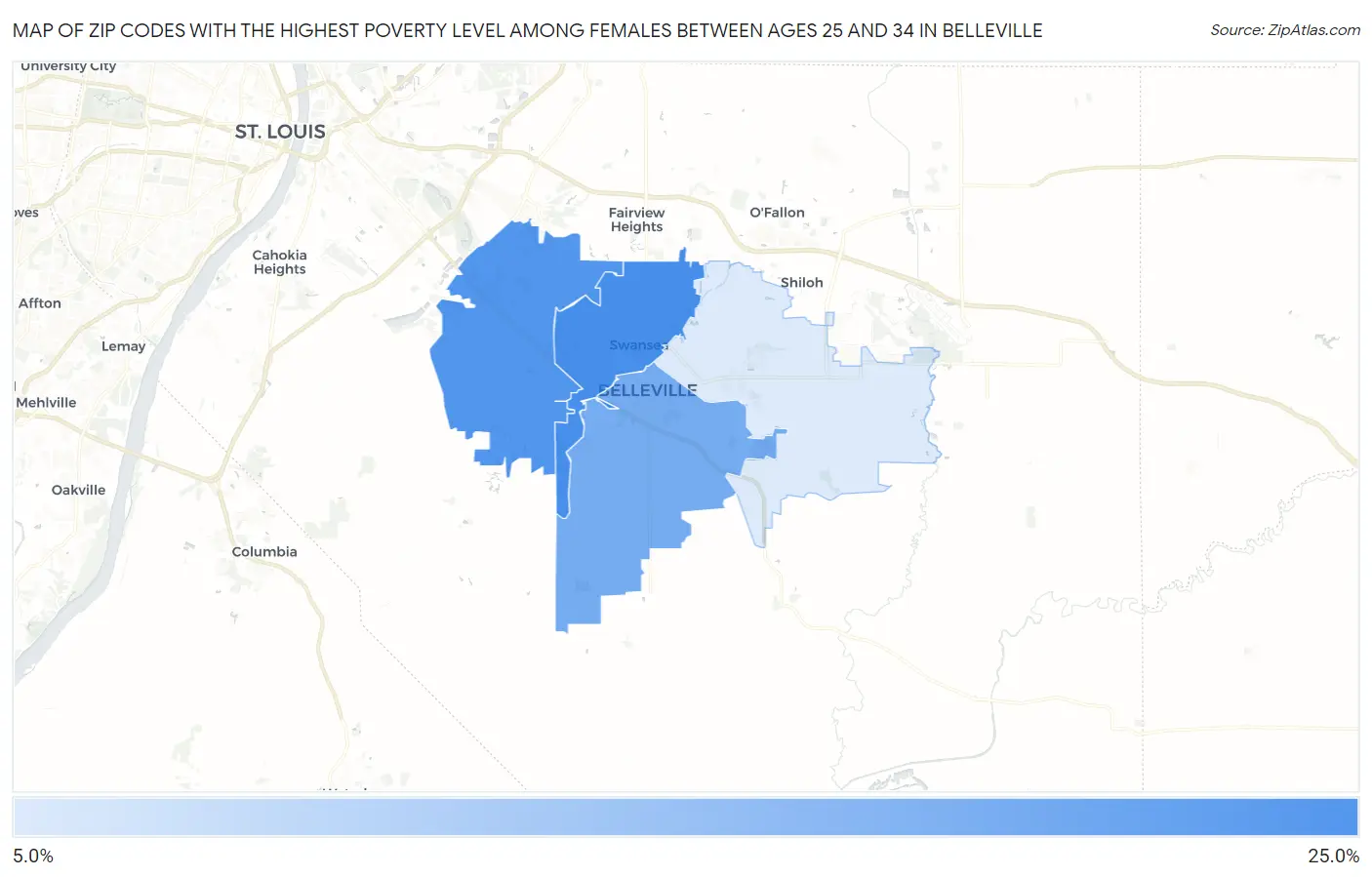 Zip Codes with the Highest Poverty Level Among Females Between Ages 25 and 34 in Belleville Map