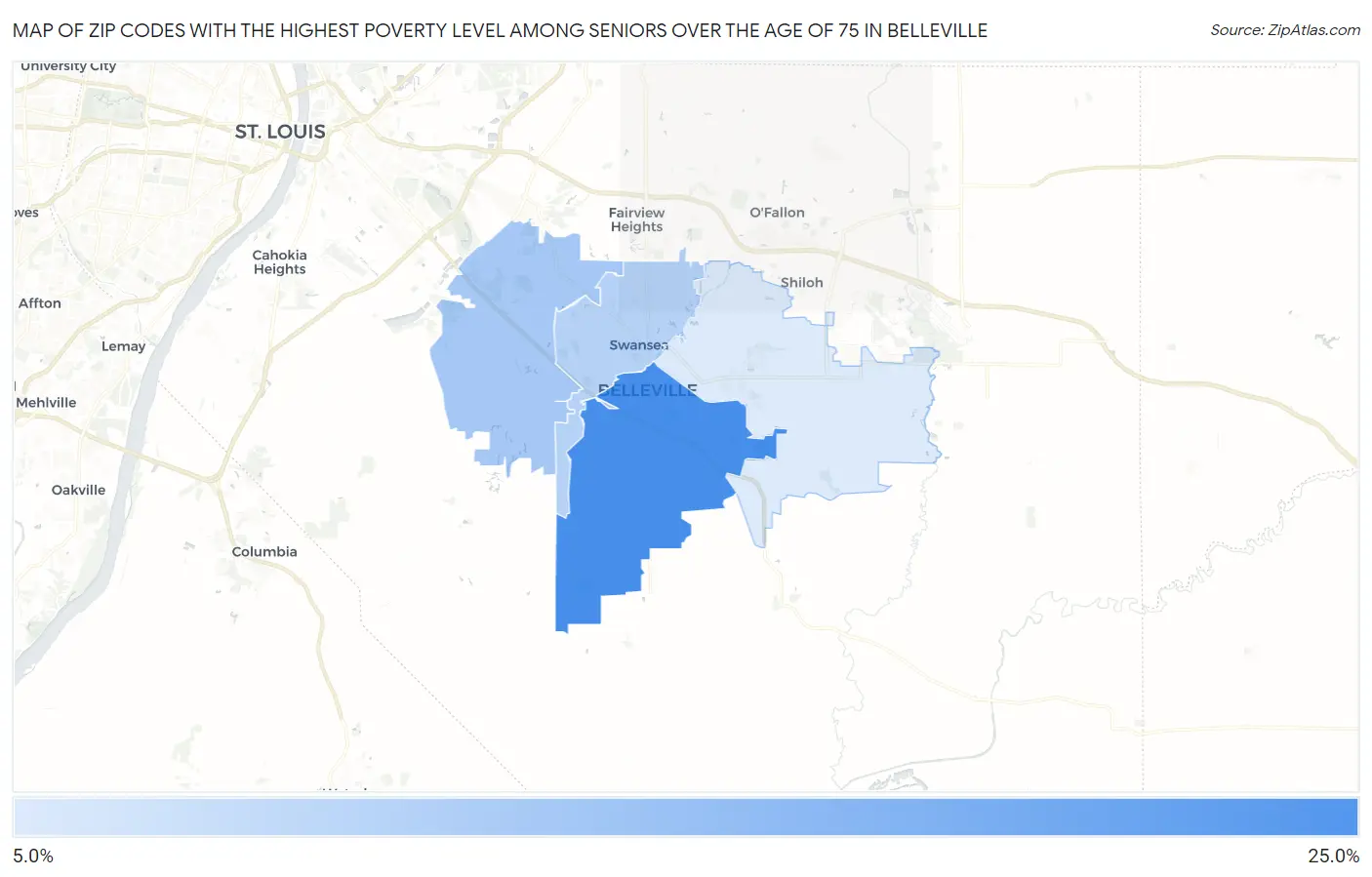 Zip Codes with the Highest Poverty Level Among Seniors Over the Age of 75 in Belleville Map