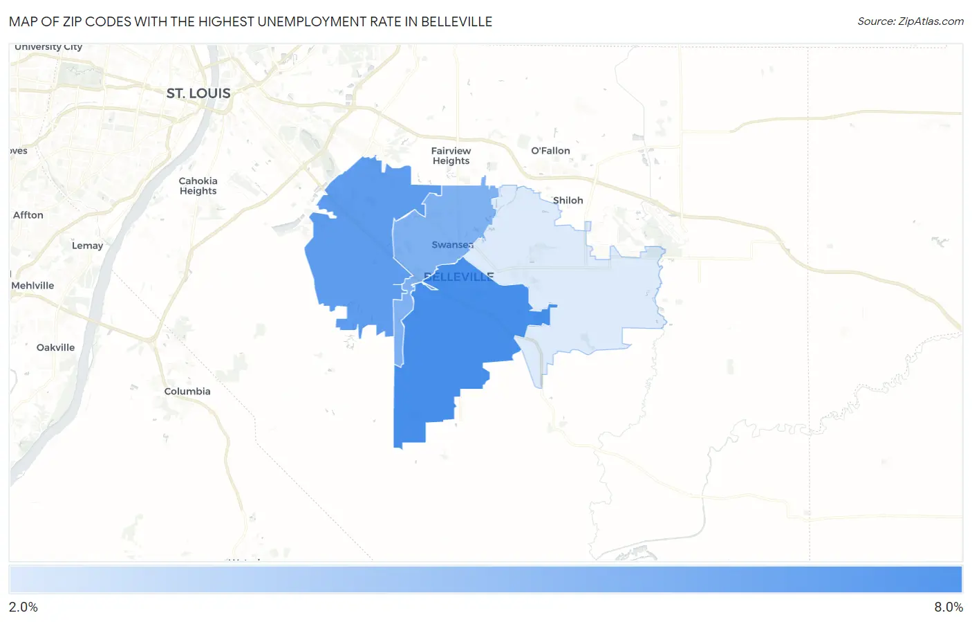 Zip Codes with the Highest Unemployment Rate in Belleville Map