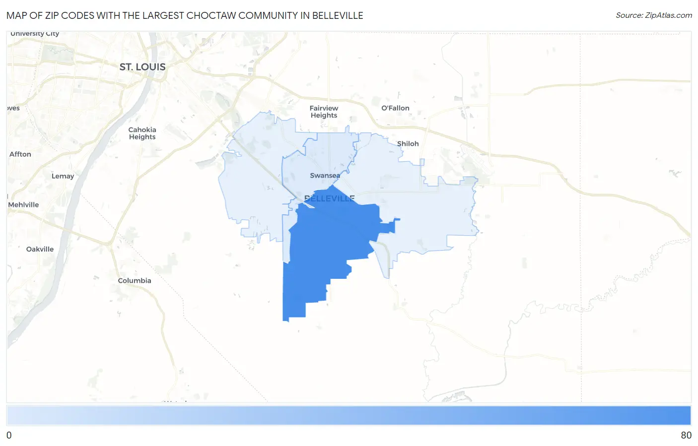 Zip Codes with the Largest Choctaw Community in Belleville Map