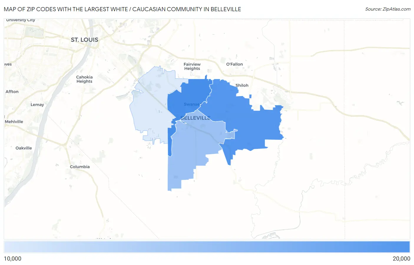 Zip Codes with the Largest White / Caucasian Community in Belleville Map