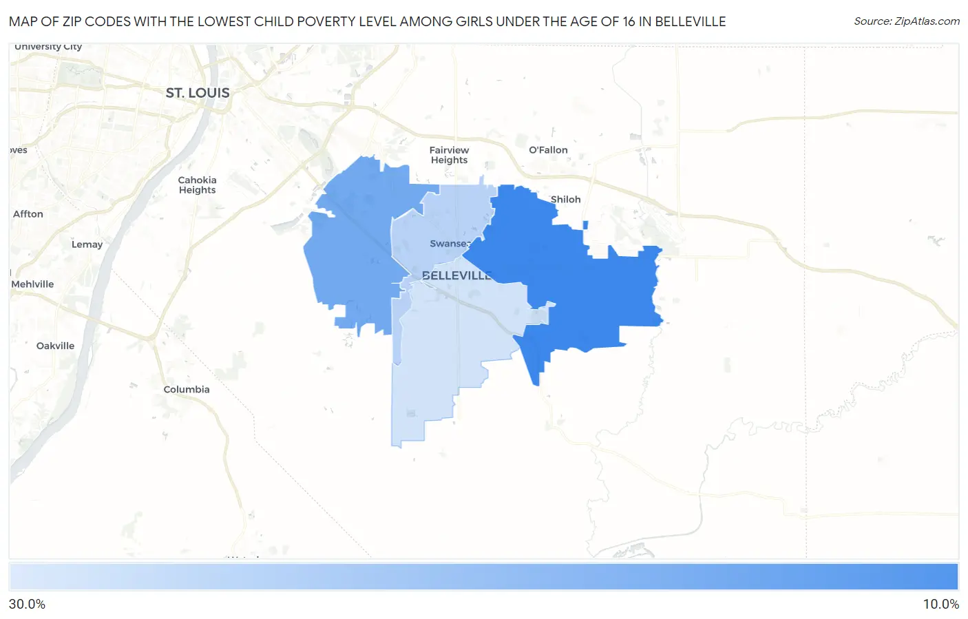 Zip Codes with the Lowest Child Poverty Level Among Girls Under the Age of 16 in Belleville Map