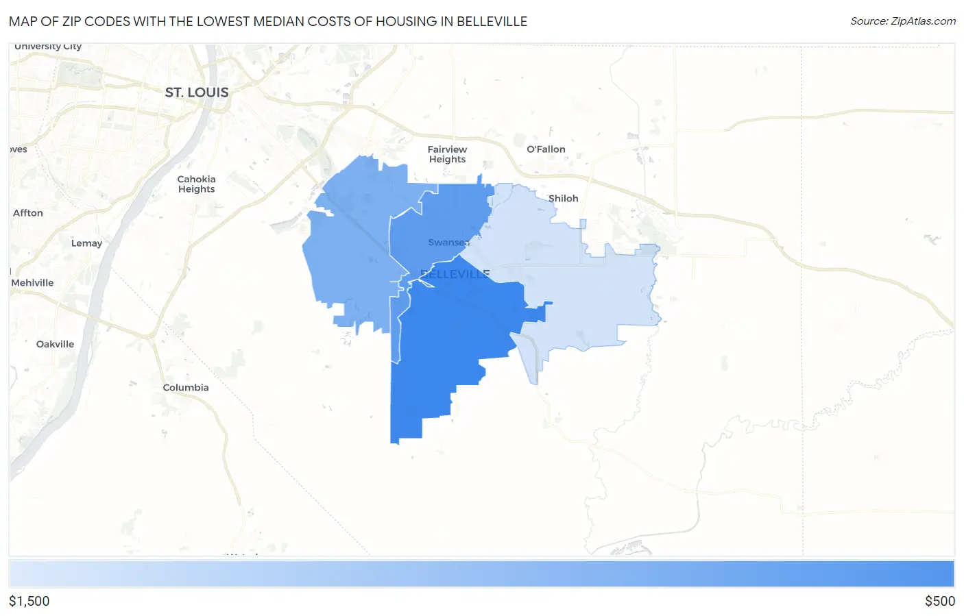 Zip Codes with the Lowest Median Costs of Housing in Belleville Map