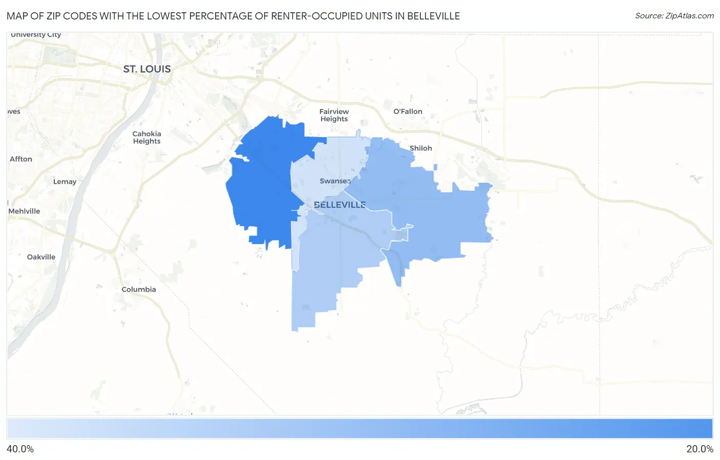 Zip Codes with the Lowest Percentage of Renter-Occupied Units in Belleville Map