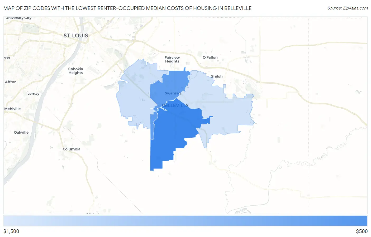 Zip Codes with the Lowest Renter-Occupied Median Costs of Housing in Belleville Map