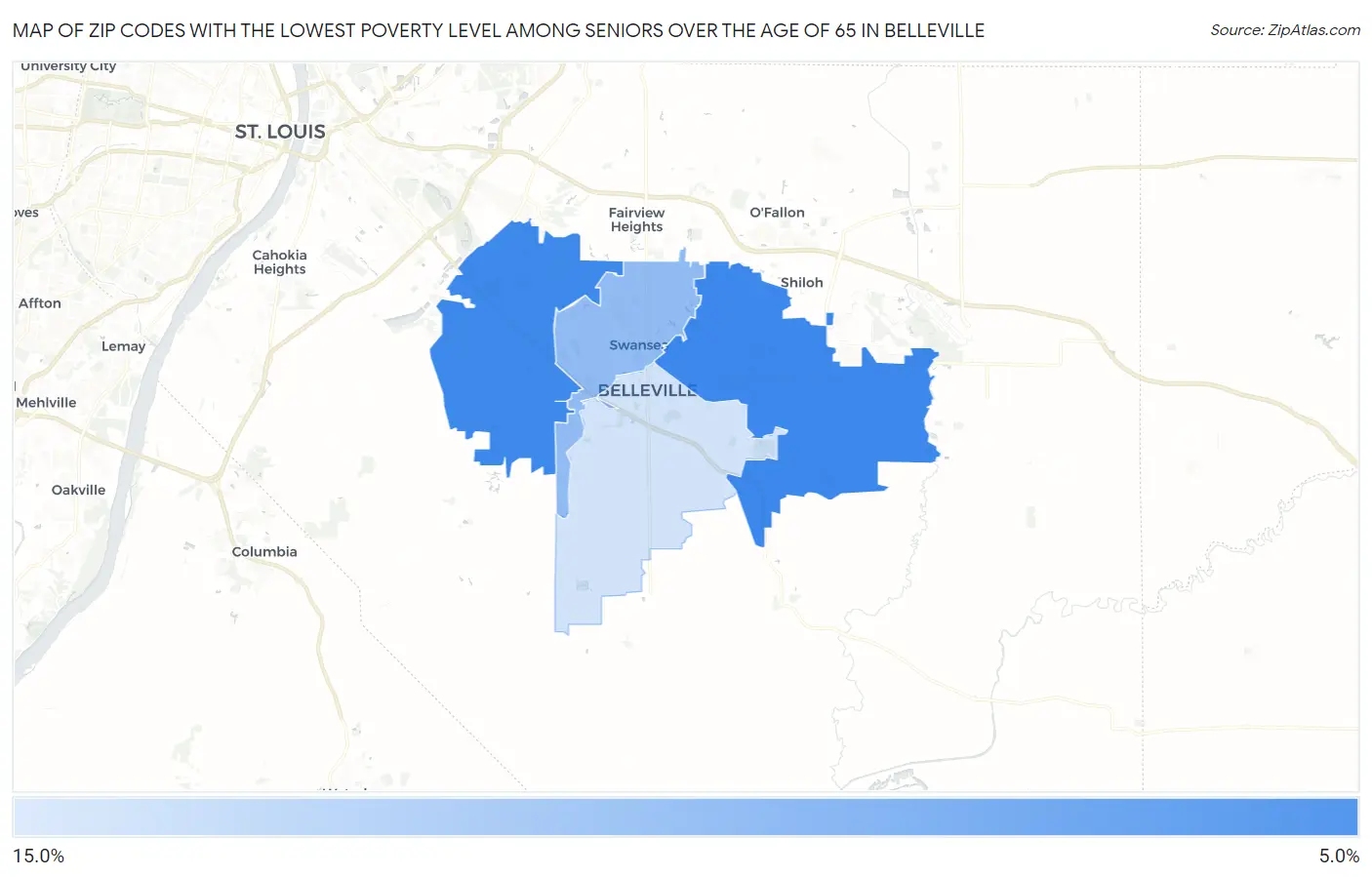 Zip Codes with the Lowest Poverty Level Among Seniors Over the Age of 65 in Belleville Map
