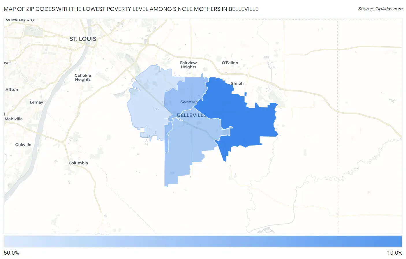Zip Codes with the Lowest Poverty Level Among Single Mothers in Belleville Map