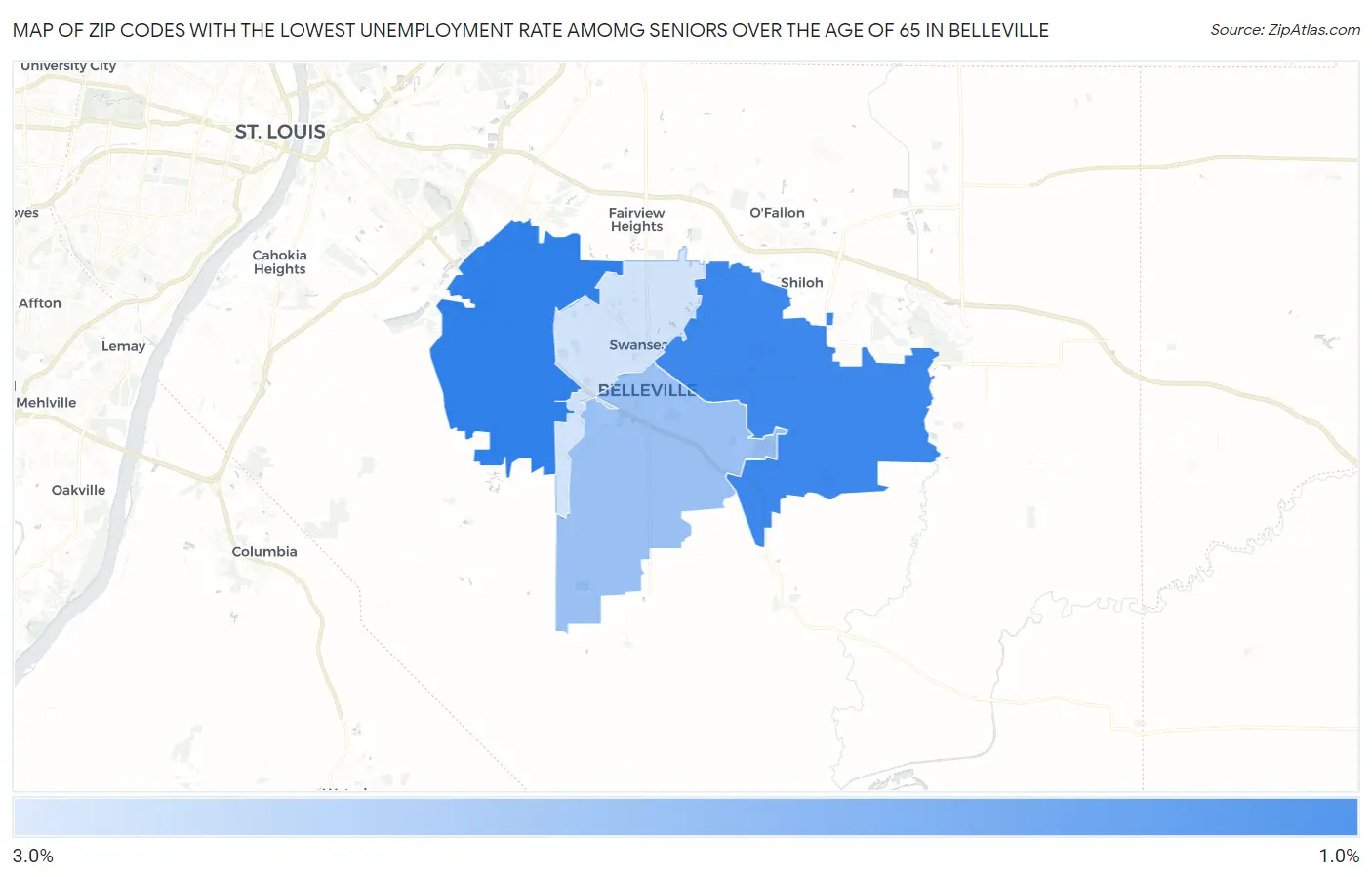 Zip Codes with the Lowest Unemployment Rate Amomg Seniors Over the Age of 65 in Belleville Map